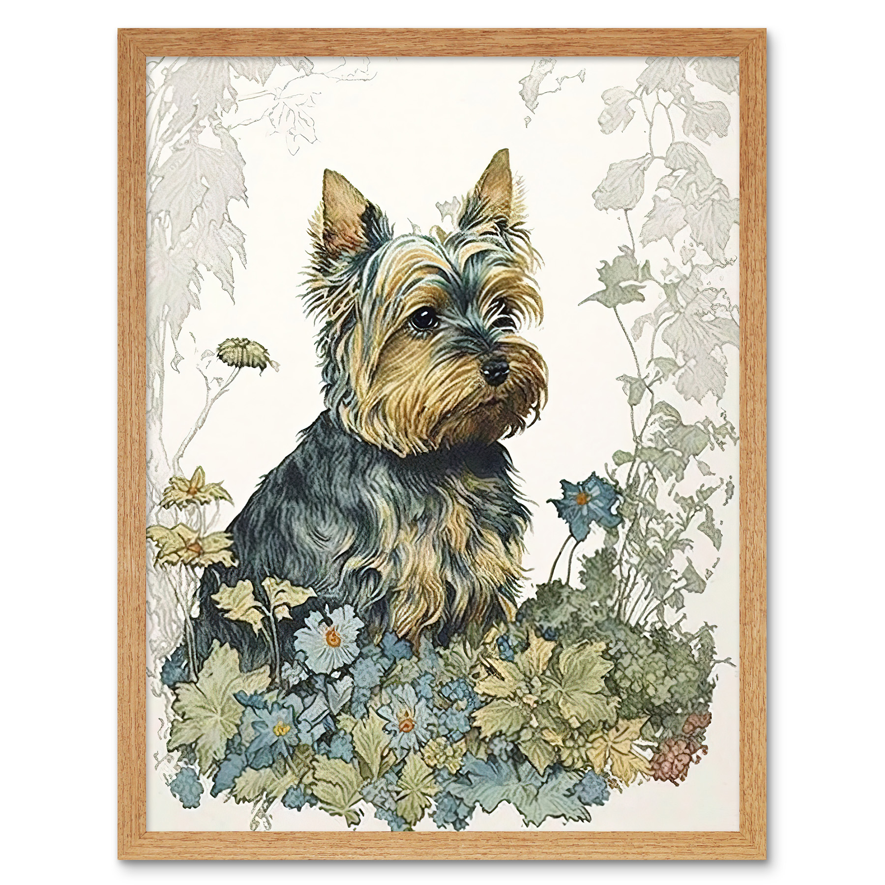 Yorkshire Terrier Dog Flowers Watercolour Framed Wall Art Picture Print 12x16