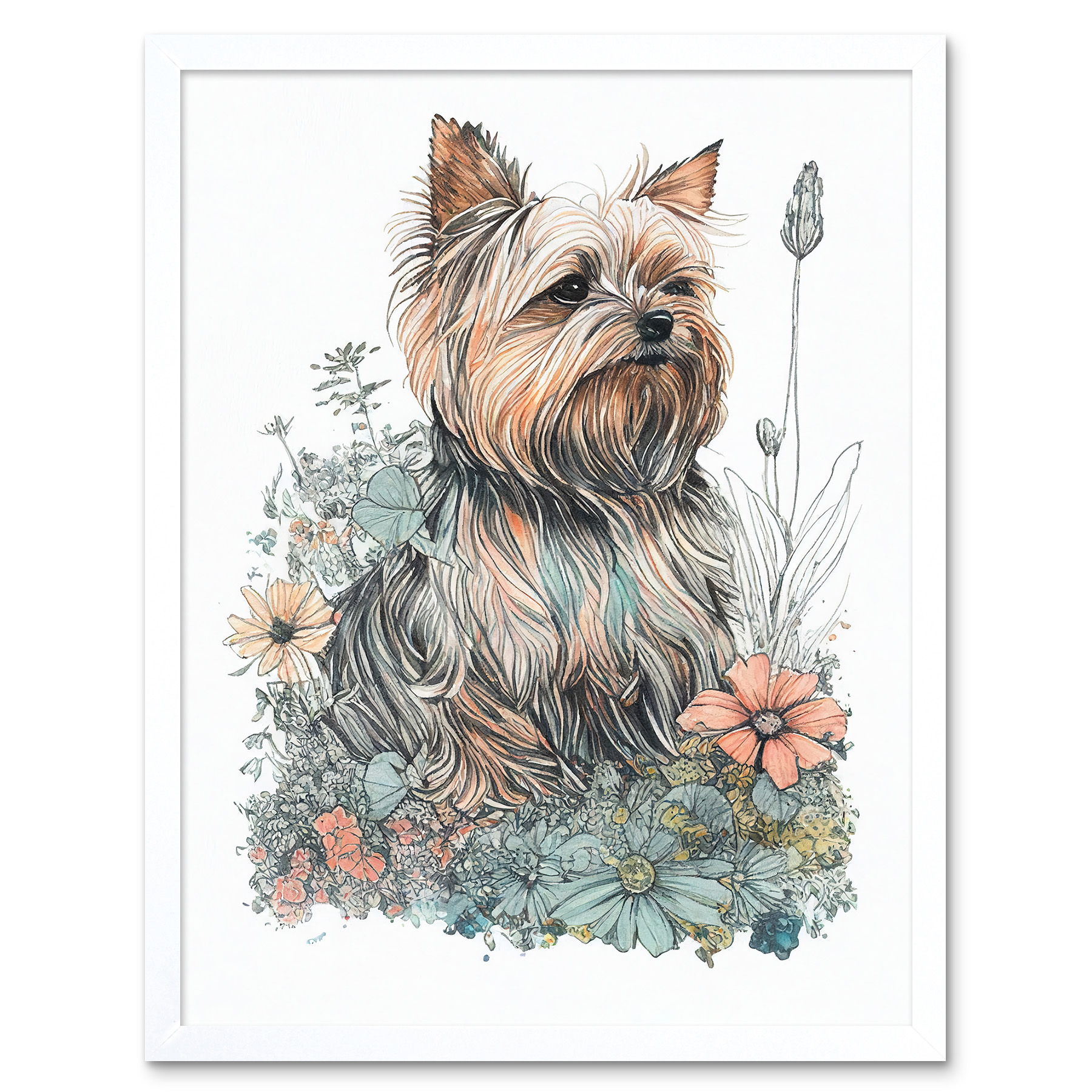 Yorkshire Terrier Dog Wildflowers Bright Framed Wall Art Picture Print 12x16