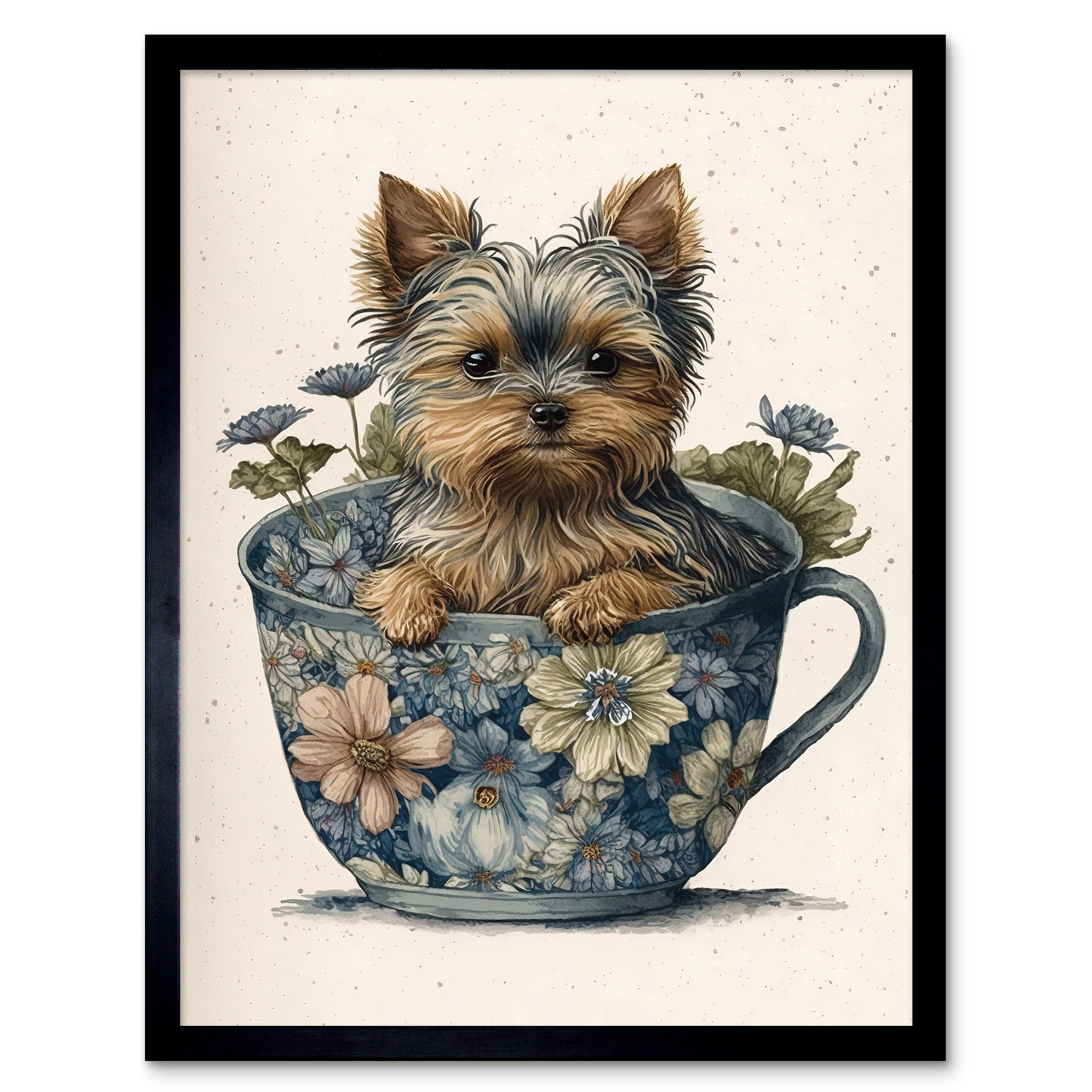 Teacup Yorkshire Terrier Dog Flower Tea Cup Framed Wall Art Picture Print 12x16