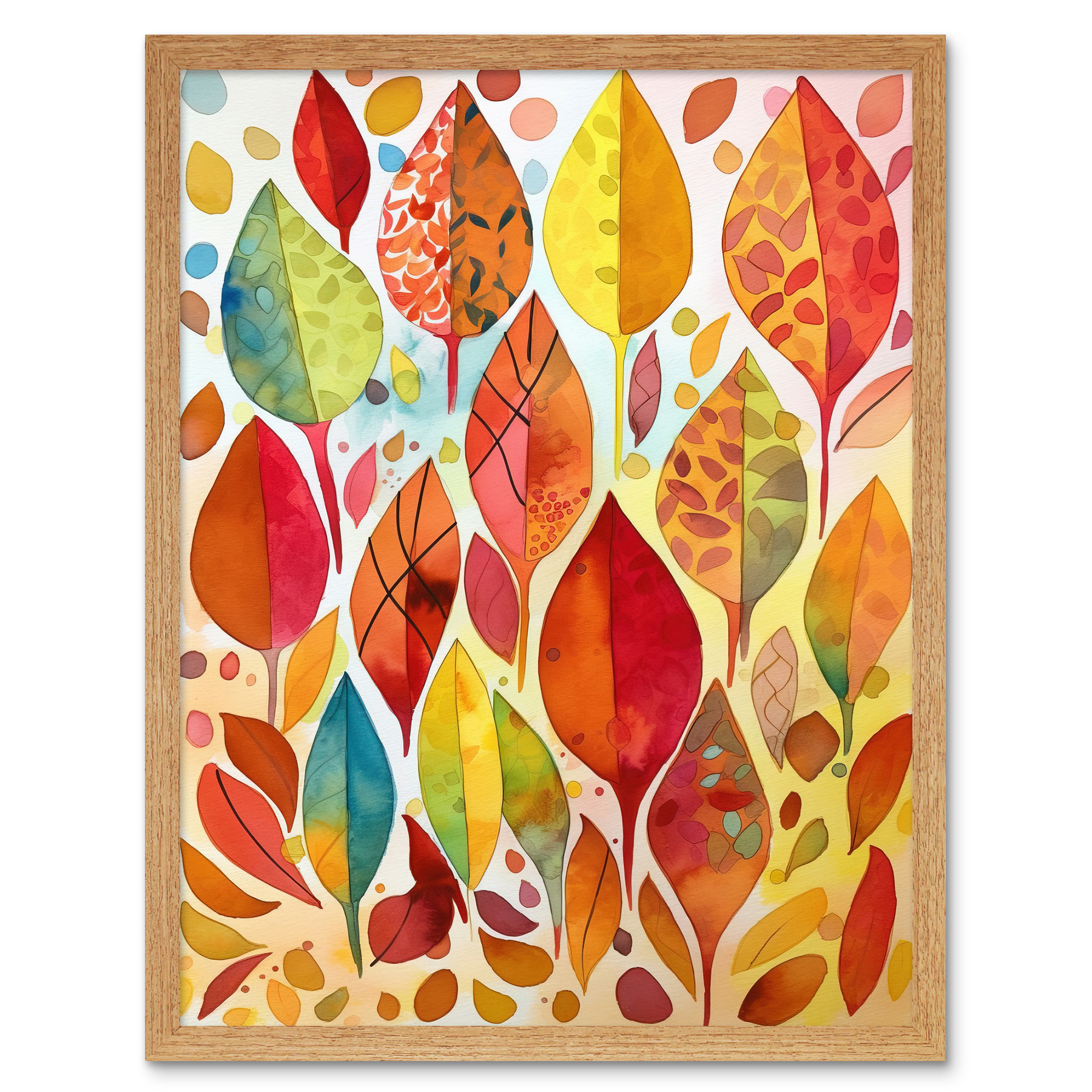 Autumn Leaves Patterns Modern Folk Art Watercolour Framed Wall Art Print 12x16