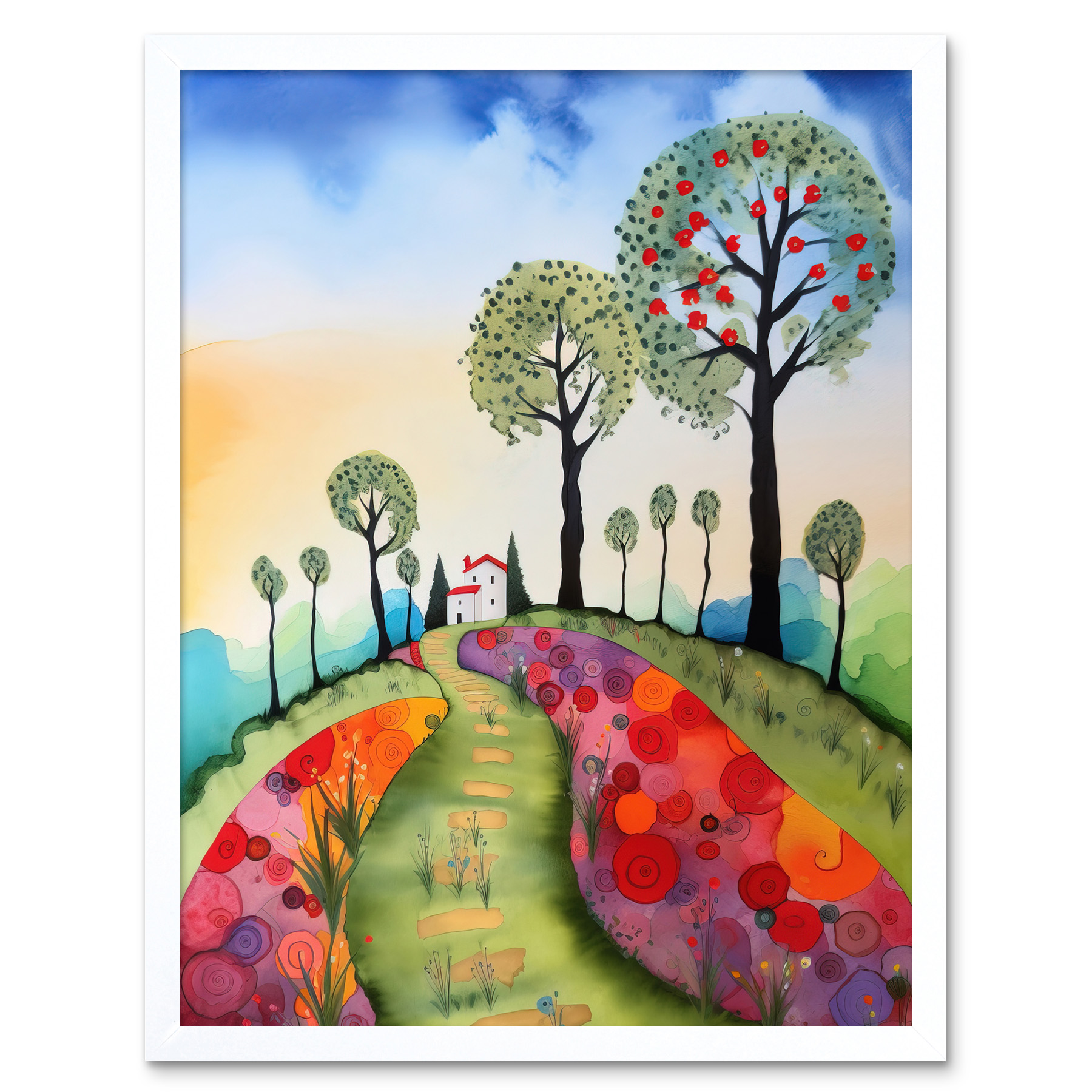 Countryside House Path Flowerbeds Folk Art Framed Wall Art Picture Print 12x16