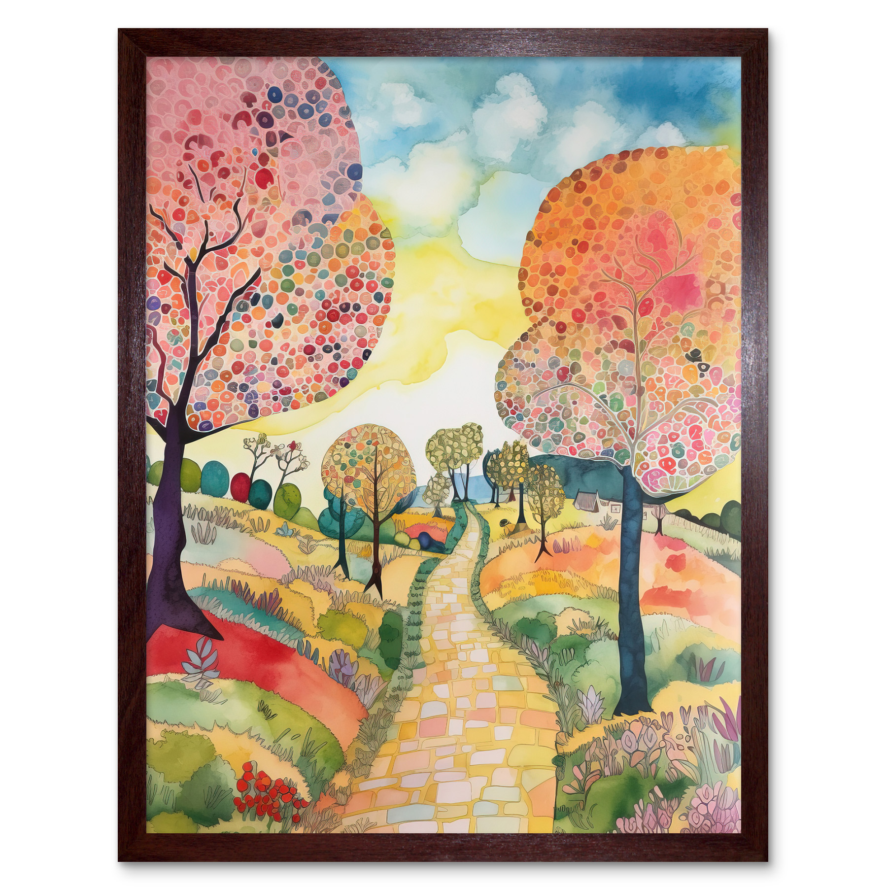 Countryside Path Trees Modern Folk Art Landscape Framed Art Picture Print 12x16