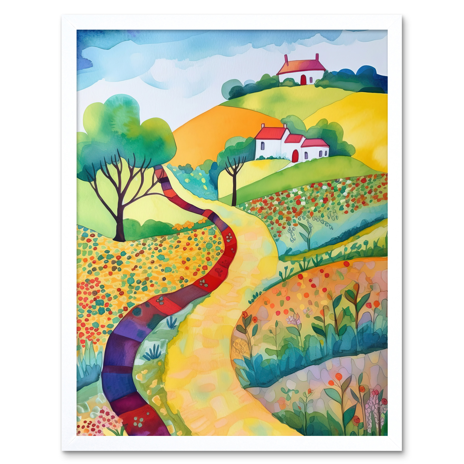 Countryside Path Spring Modern Folk Art Framed Wall Art Picture Print 12x16