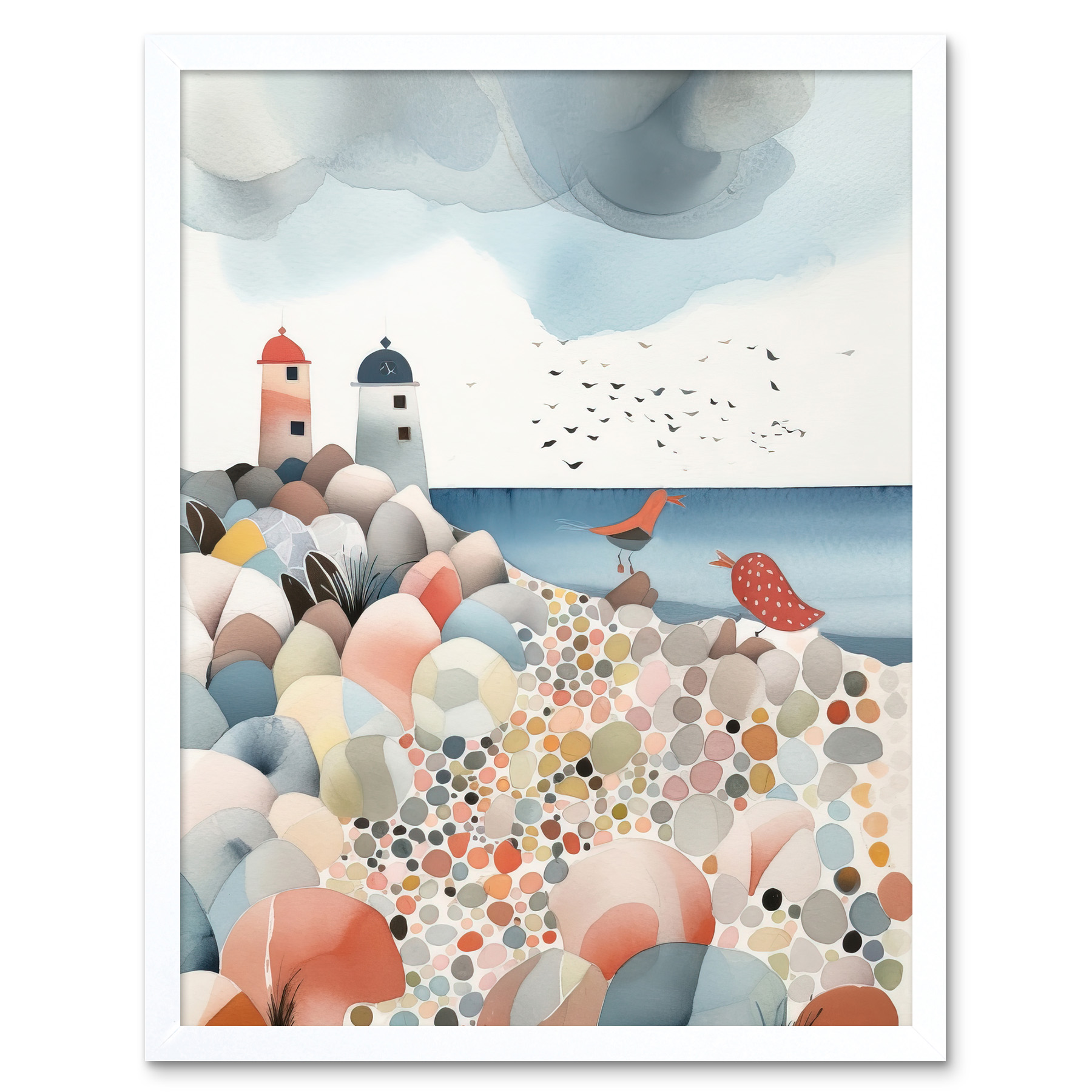 Lighthouses Multicoloured Pebble Beach Watercolour Framed Wall Art Print 12x16