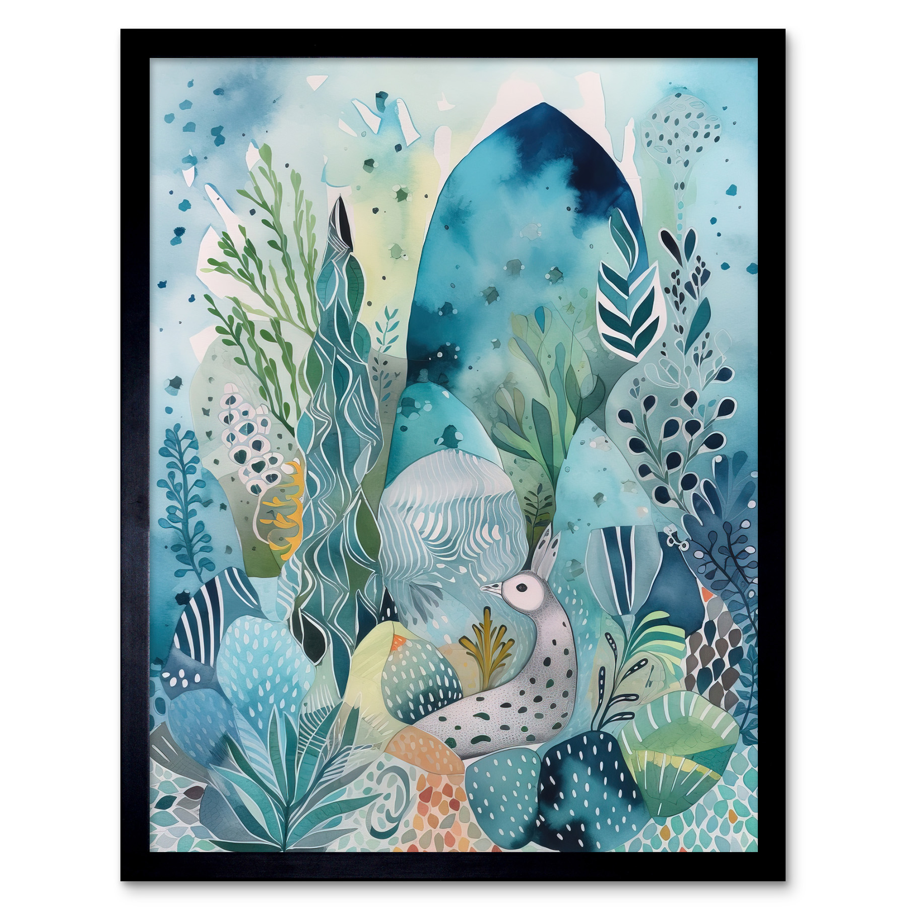 Coastal Plants Animals Modern Folk Art Watercolour Framed Wall Art Print 12x16