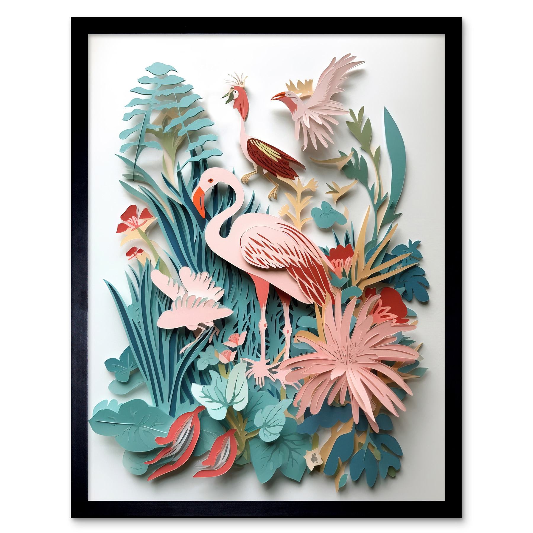 Tropical Plants And Birds Paper Kirigami Art Framed Wall Art Picture Print 12x16