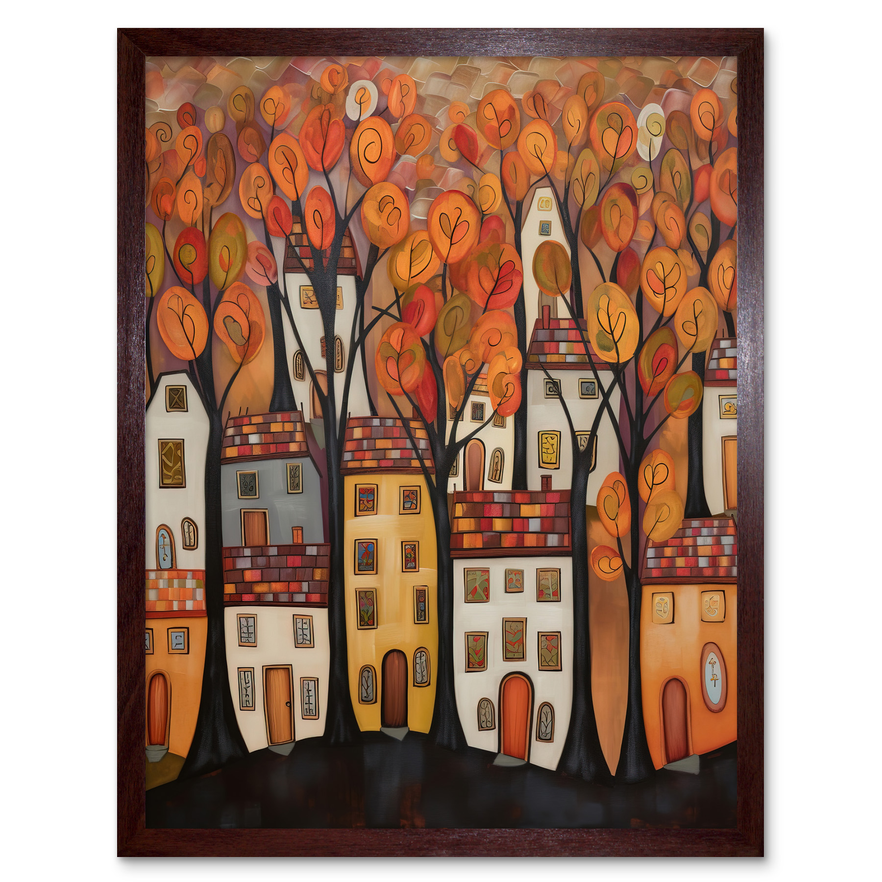 Cityscape With Trees Autumn Contemporary Folk Art Framed Art Picture Print 12x16