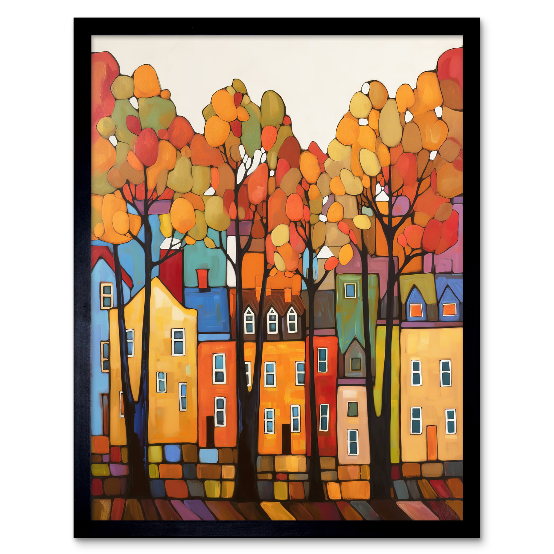 Multicoloured House Street Autumn Contemporary Framed Art Picture Print 12x16