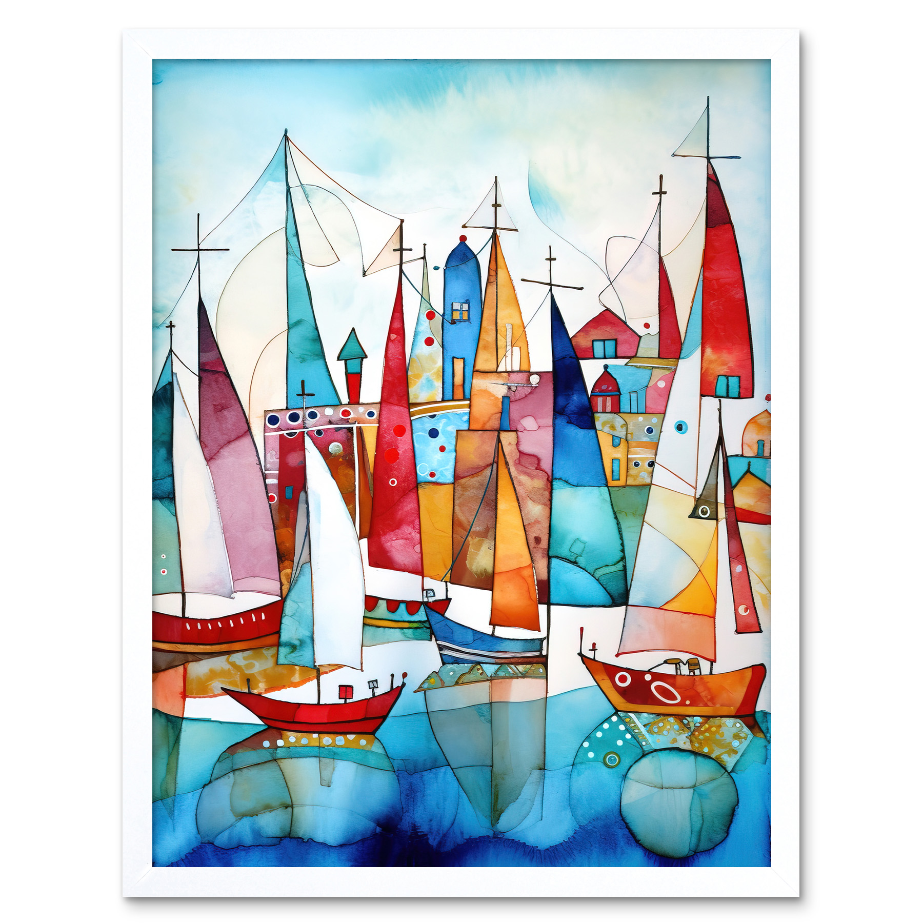 Harbour Boats Modern Abstract Folk Art Watercolour Framed Wall Art Print 12x16