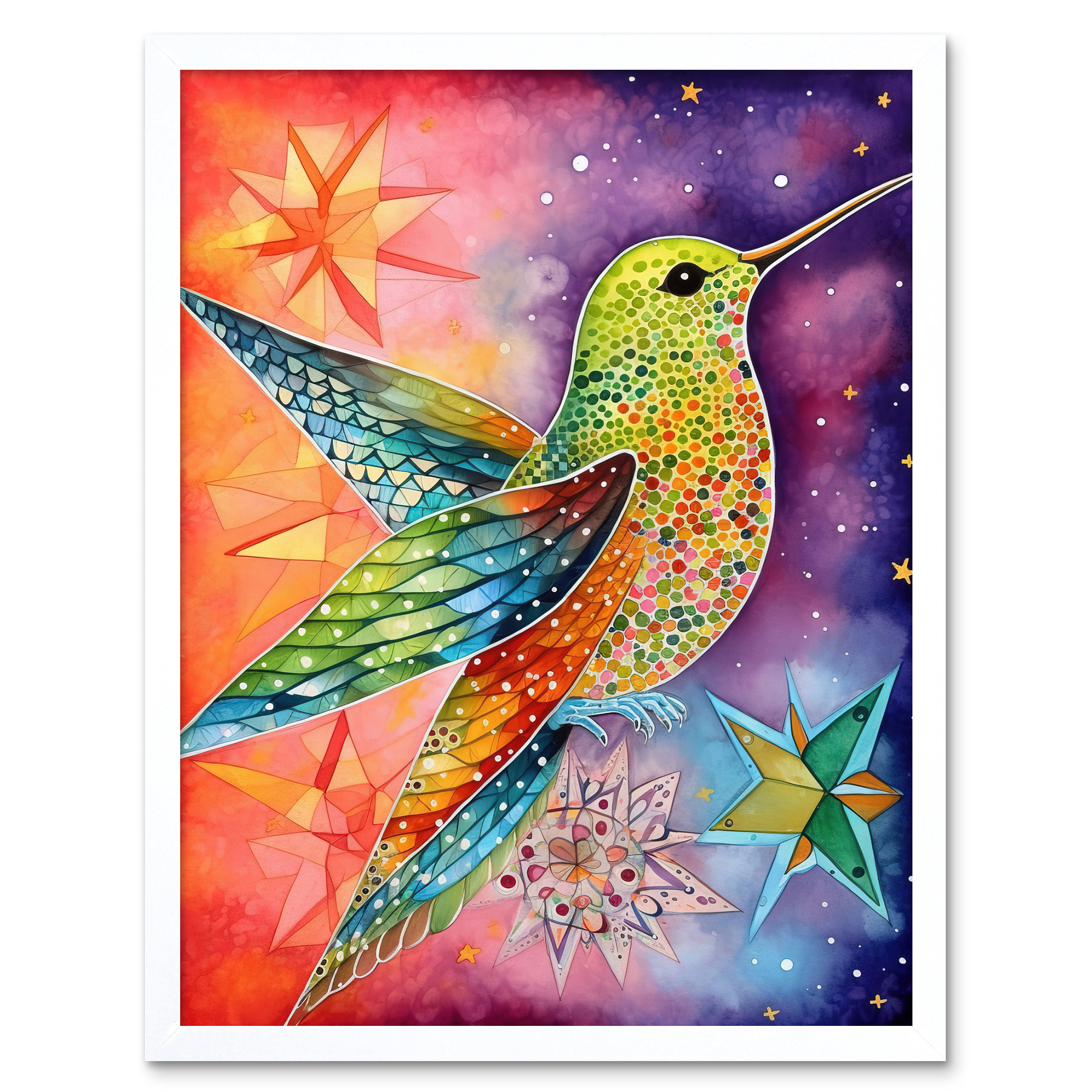 Hummingbird Vibrant Astral Field Modern Folk Art Framed Art Picture Print 12x16