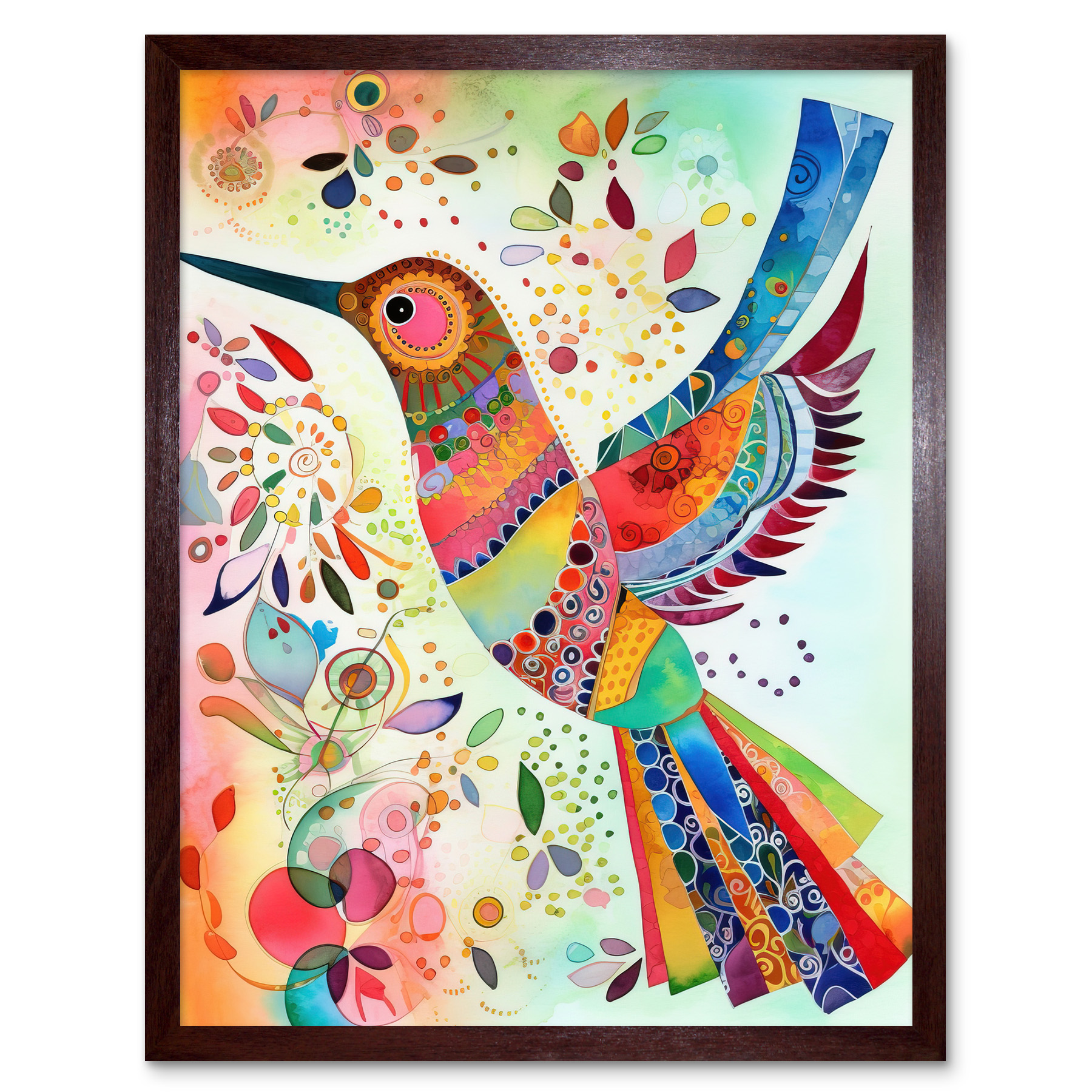 Hummingbird Multicolour Pattern Feathers Folk Art Framed Art Picture Print 12x16