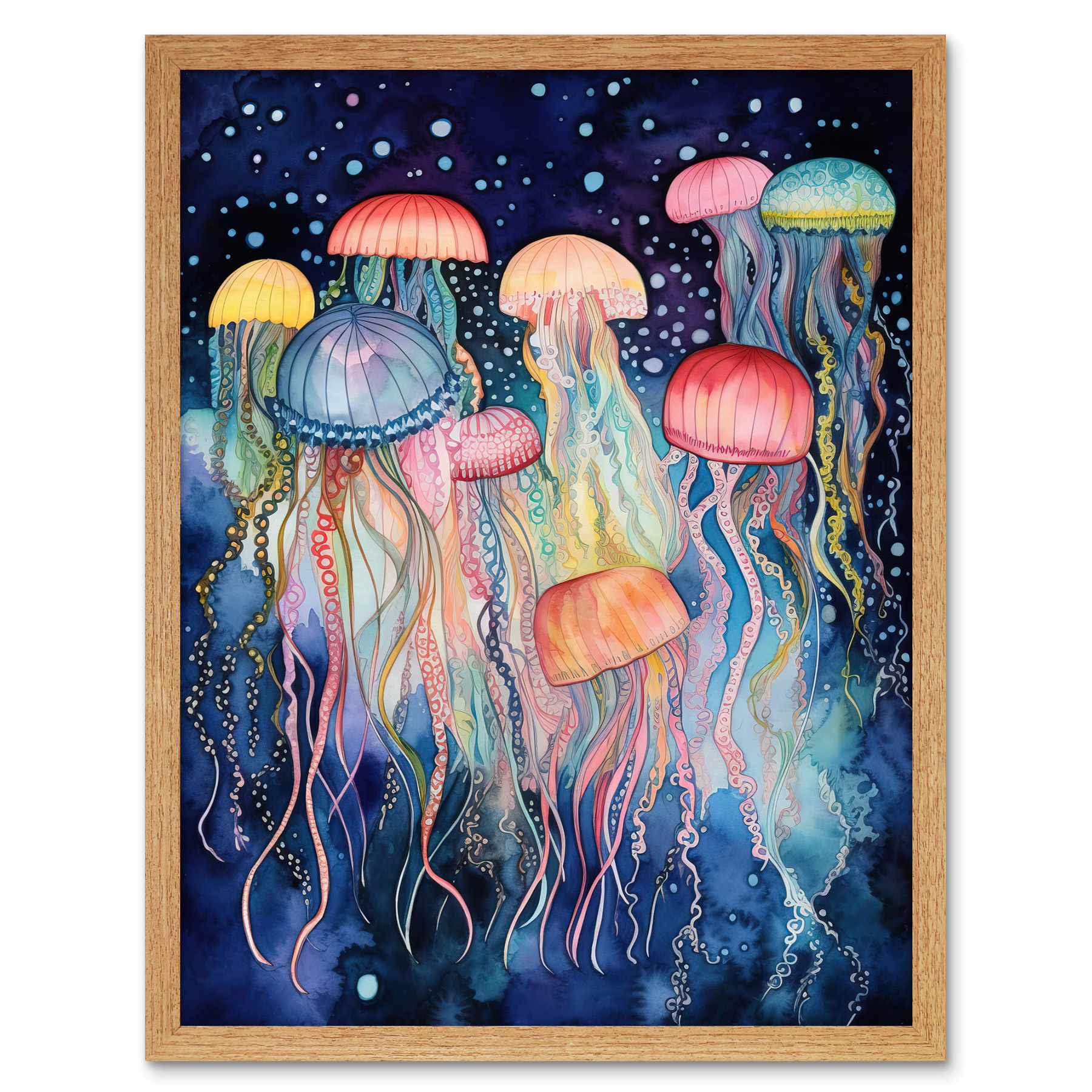 Group Jellyfish Multicoloured Modern Folk Art Framed Art Picture Print 12x16