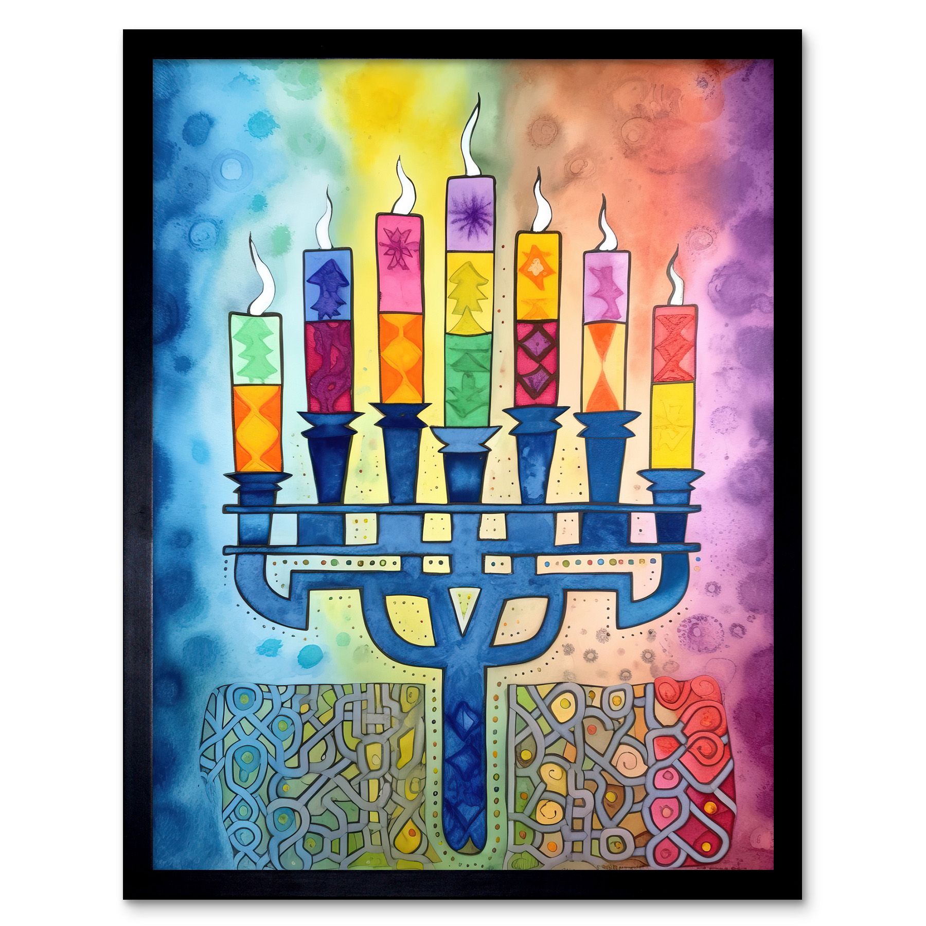 Jewish Menorah Candles Modern Multicolour Folk Art Framed Wall Art Print 12x16