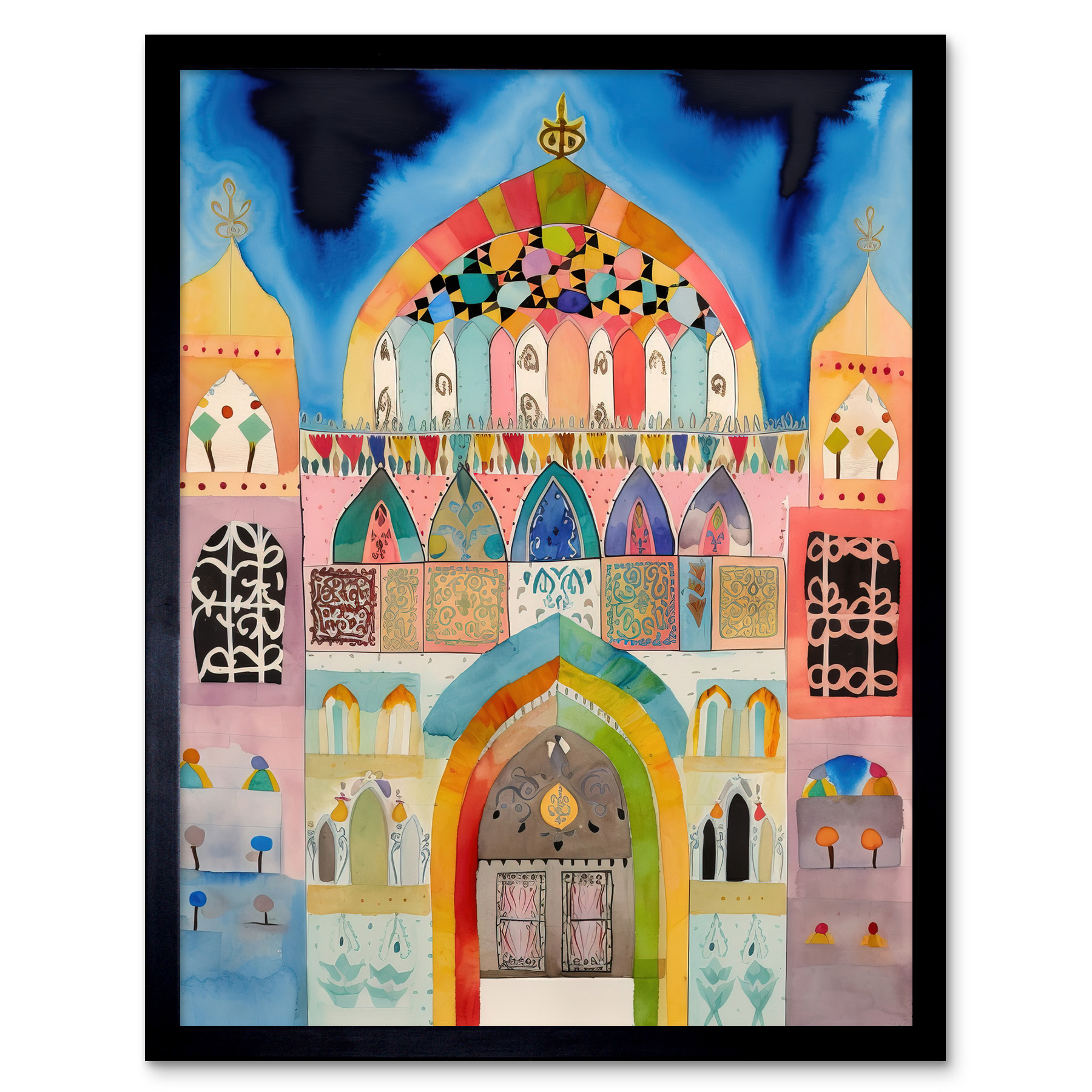Jewish Synagogue Decorated Facade Modern Folk Art Framed Art Picture Print 12x16