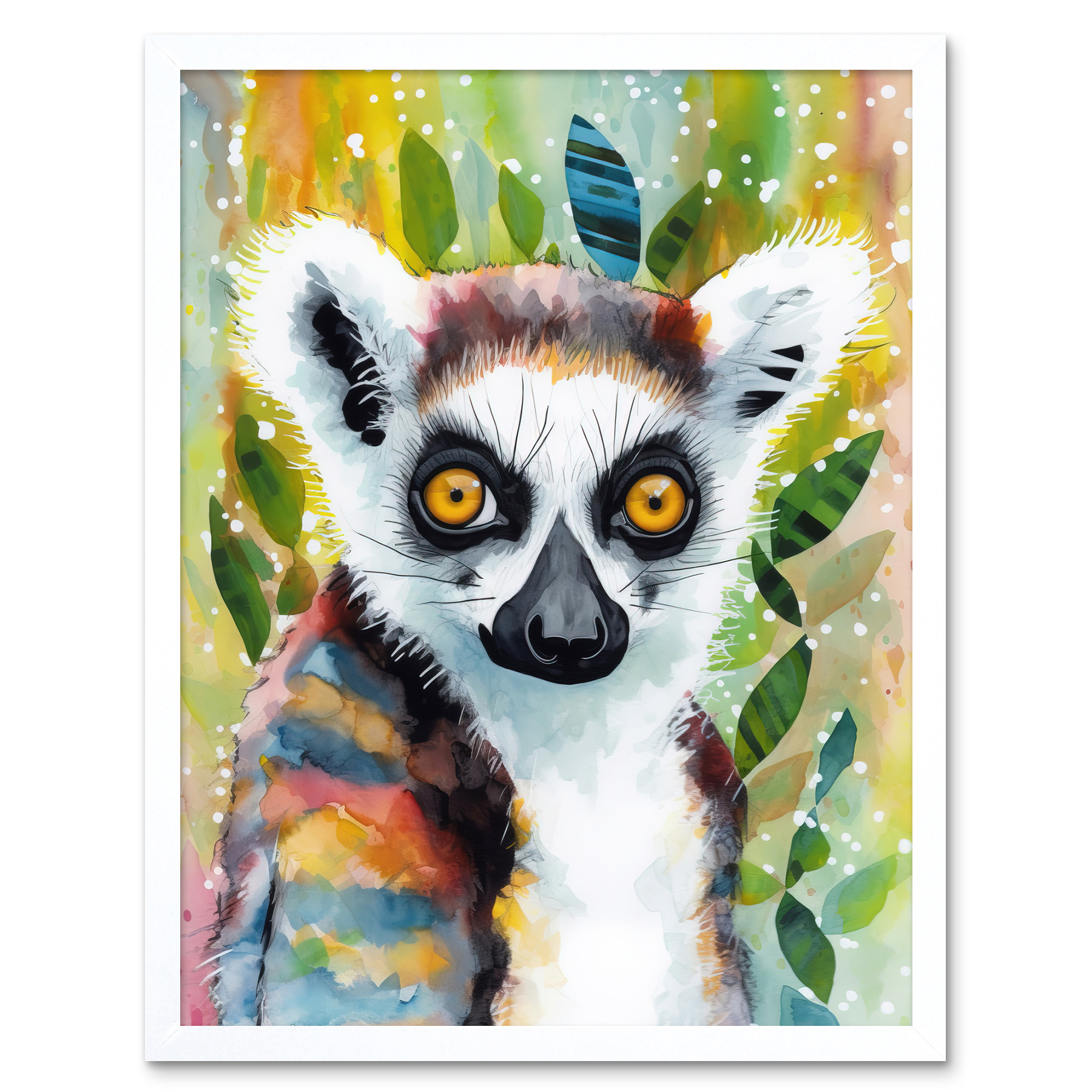 Lemur Portrait Modern Folk Art Watercolour Framed Wall Art Picture Print 12x16