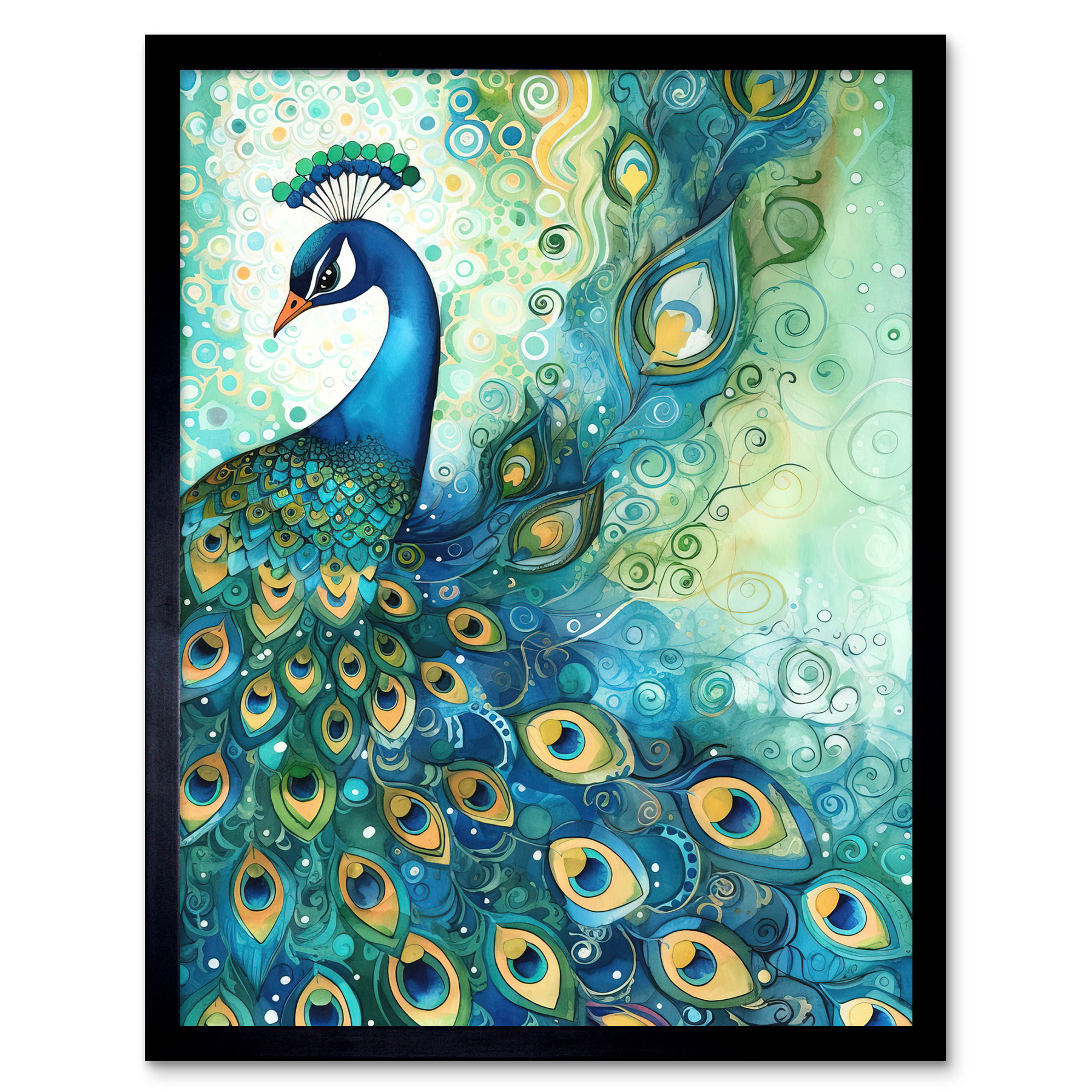 Peacock Bird Modern Concept Folk Art Watercolour Framed Art Picture Print 12x16