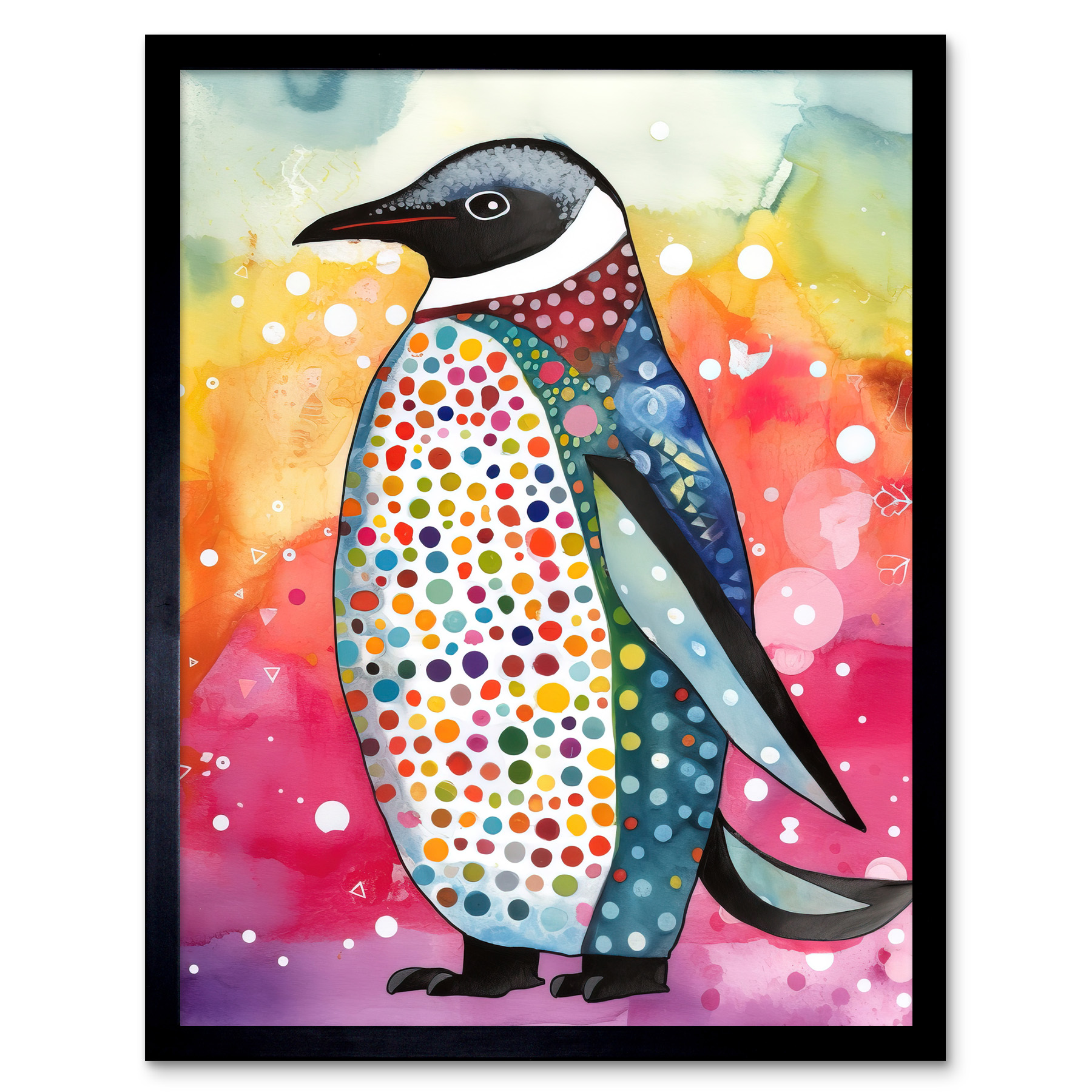 Cute Multicoloured Spot Penguin Modern Folk Art Framed Art Picture Print 12x16