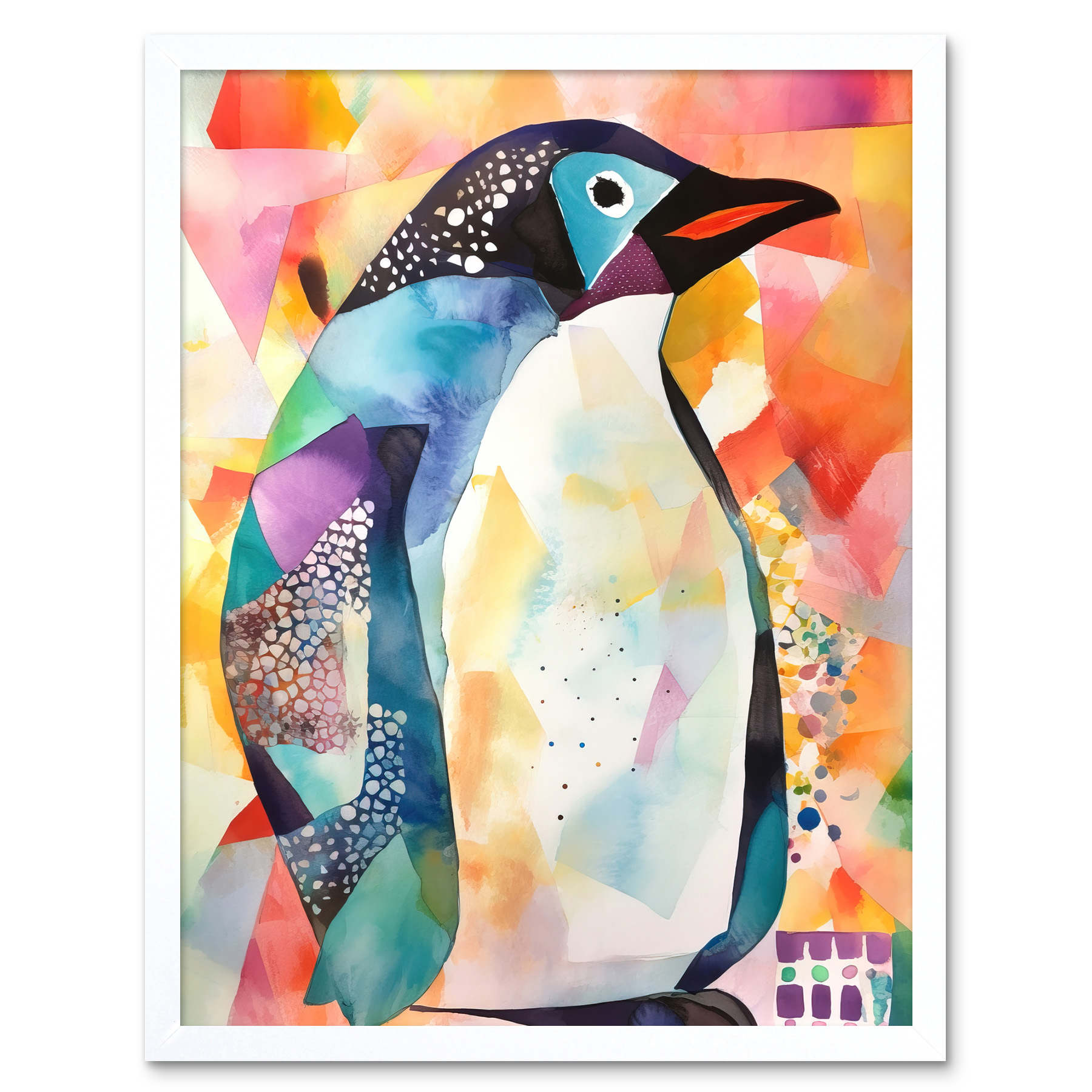 Polygon Colour Penguin Modern Folk Art Framed Wall Art Picture