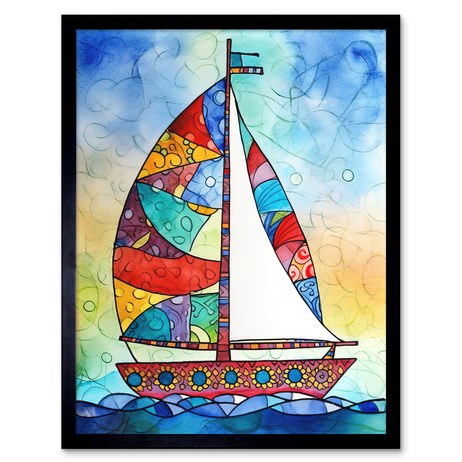 Sailboat With Flower Pattern Modern Folk Art Framed Wall Art Picture Print 12x16