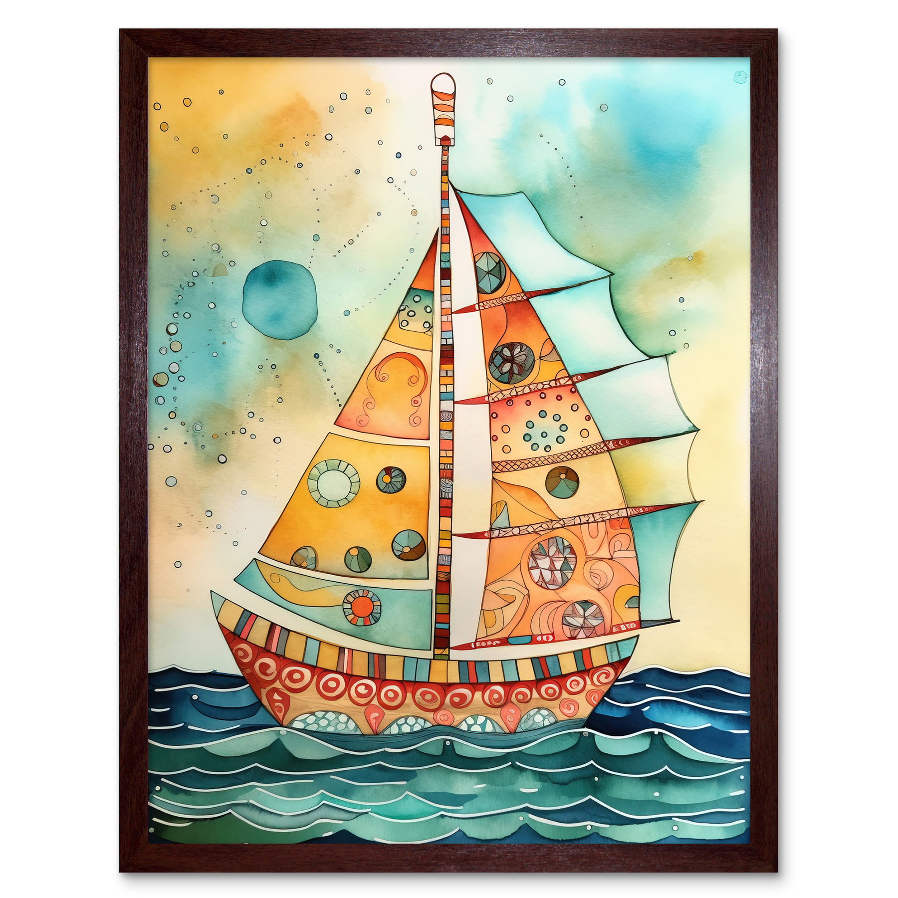 Sailboat Concept Dorsal Fin Sail Modern Folk Art Framed Art Picture Print 12x16