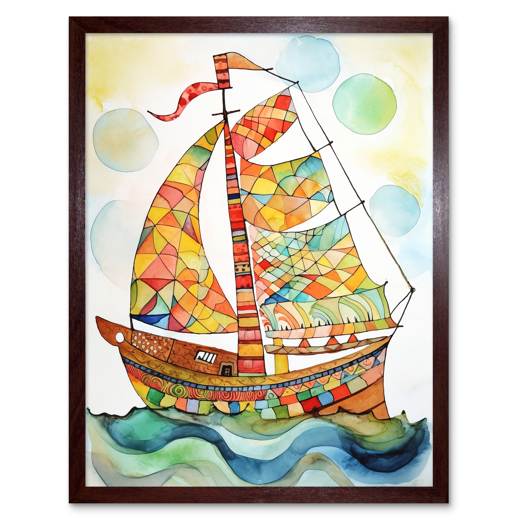Sailing Ship At Sunrise Modern Folk Art Framed Wall Art Picture Print 12x16