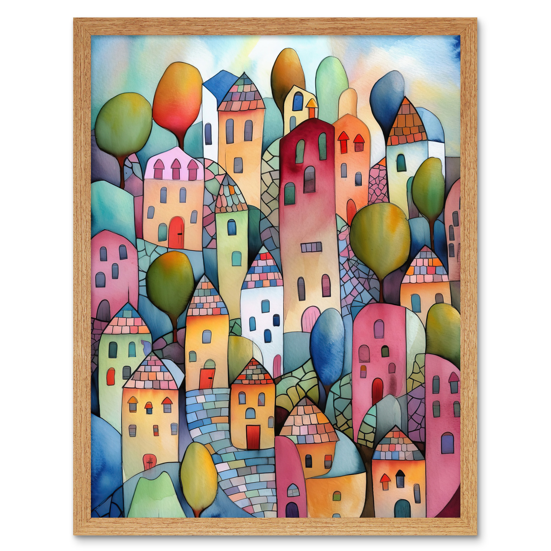 Village On Hill Cobble Streets Modern Folk Art Framed Art Picture Print 12x16