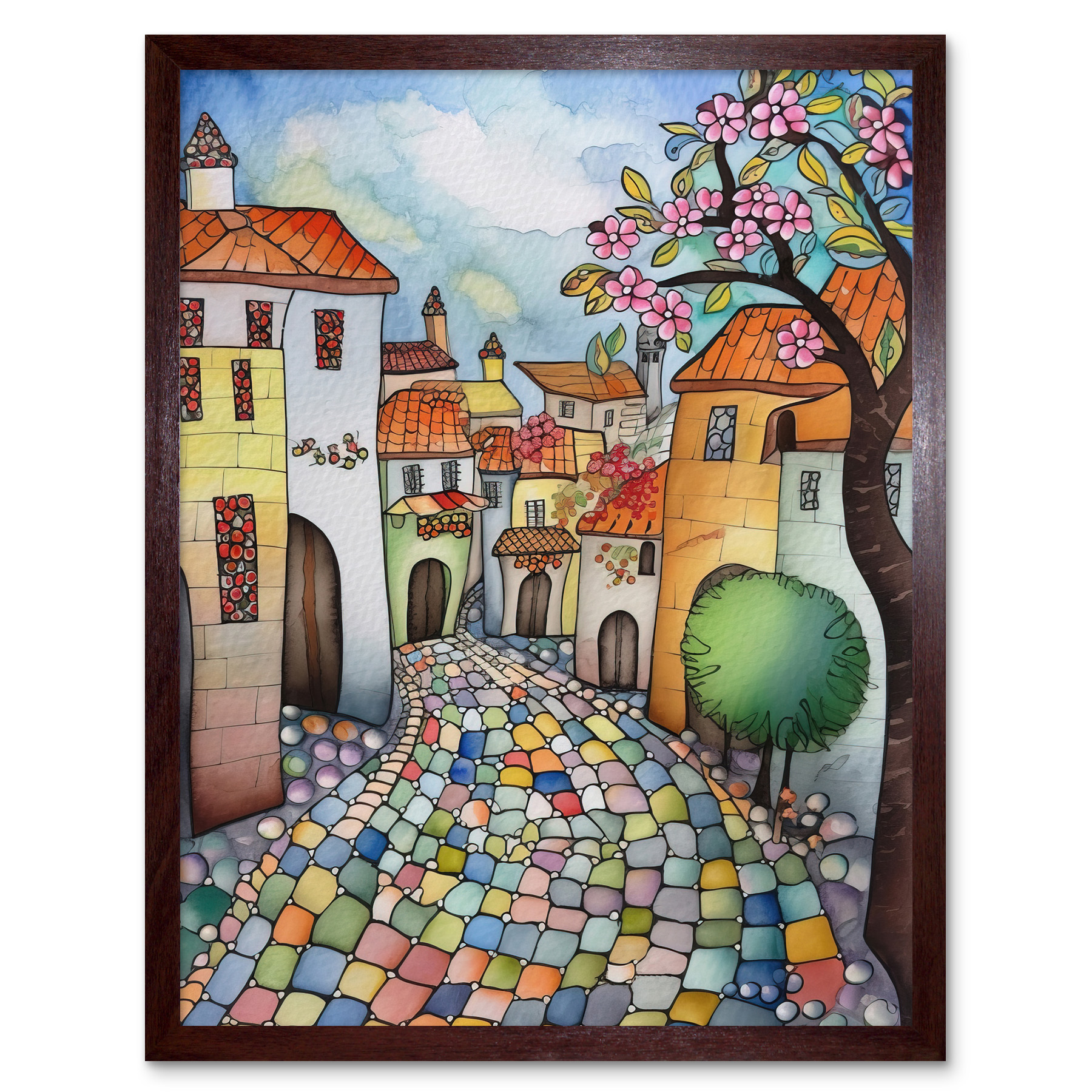 Village Cobbled Street Cherry Blossom Folk Art Framed Art Picture Print 12x16