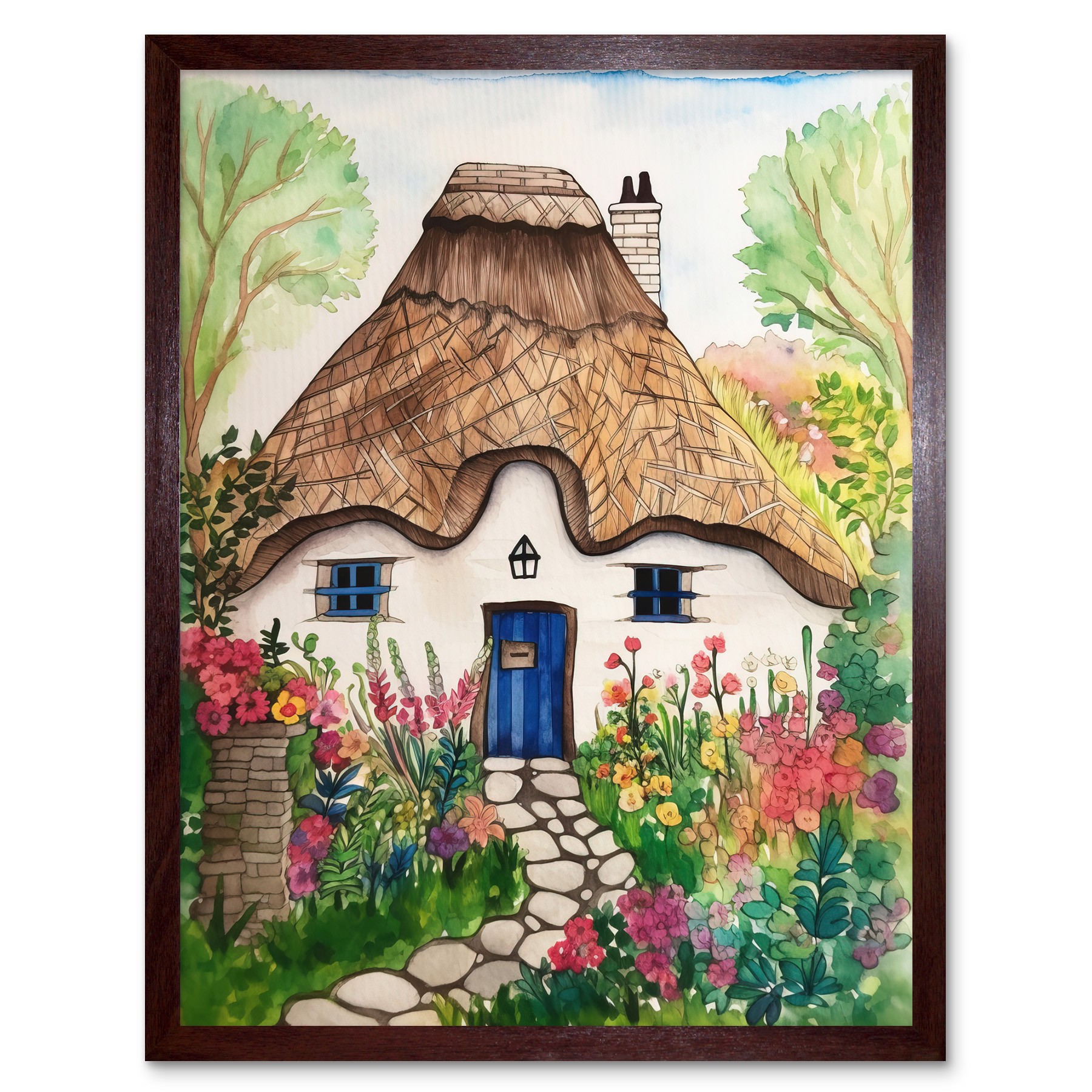 The Cottage In Forrest Flowers Modern Folk Art Framed Art Picture Print 12x16