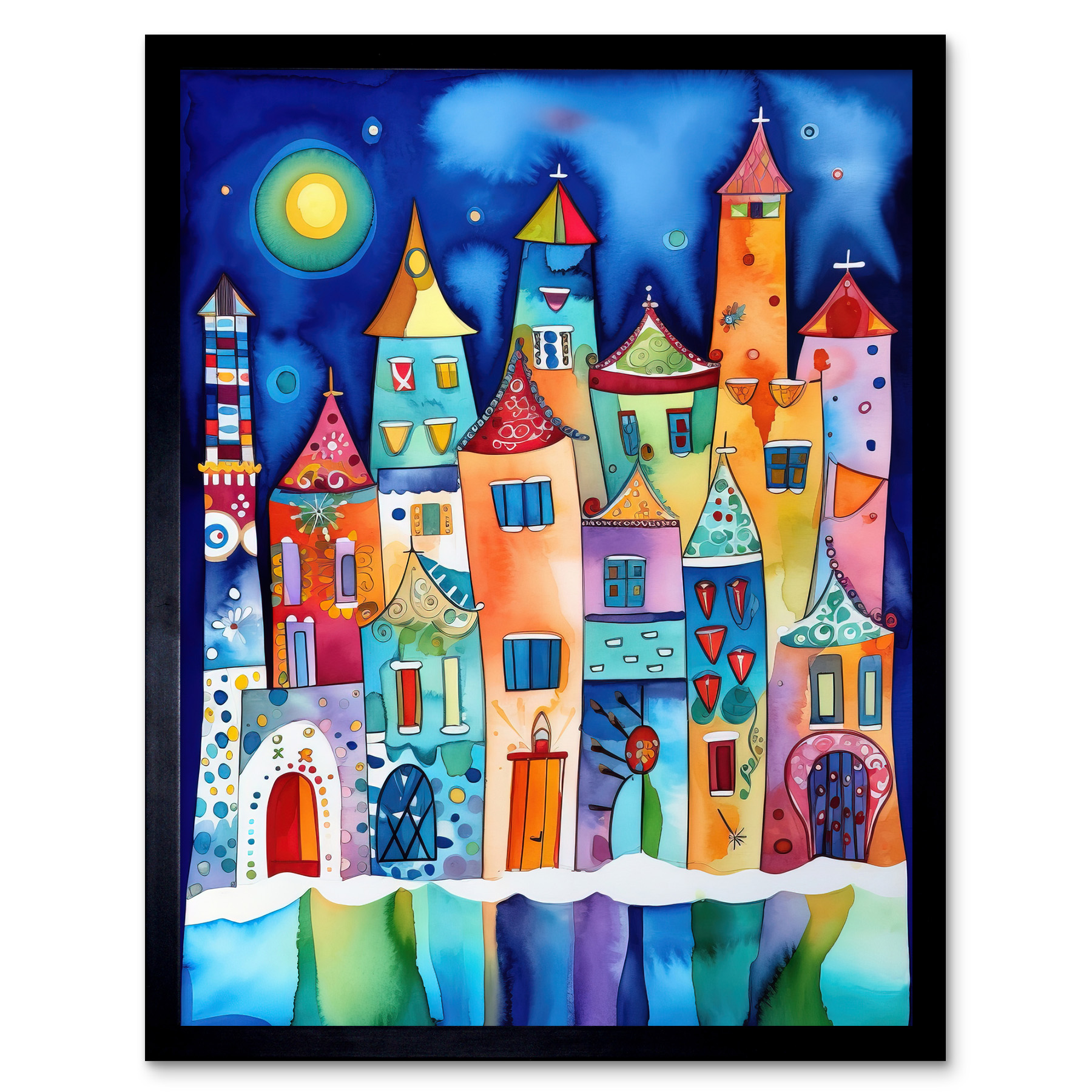 Midnight Abstract Town Modern Folk Art Framed Wall Art Picture Print 12x16