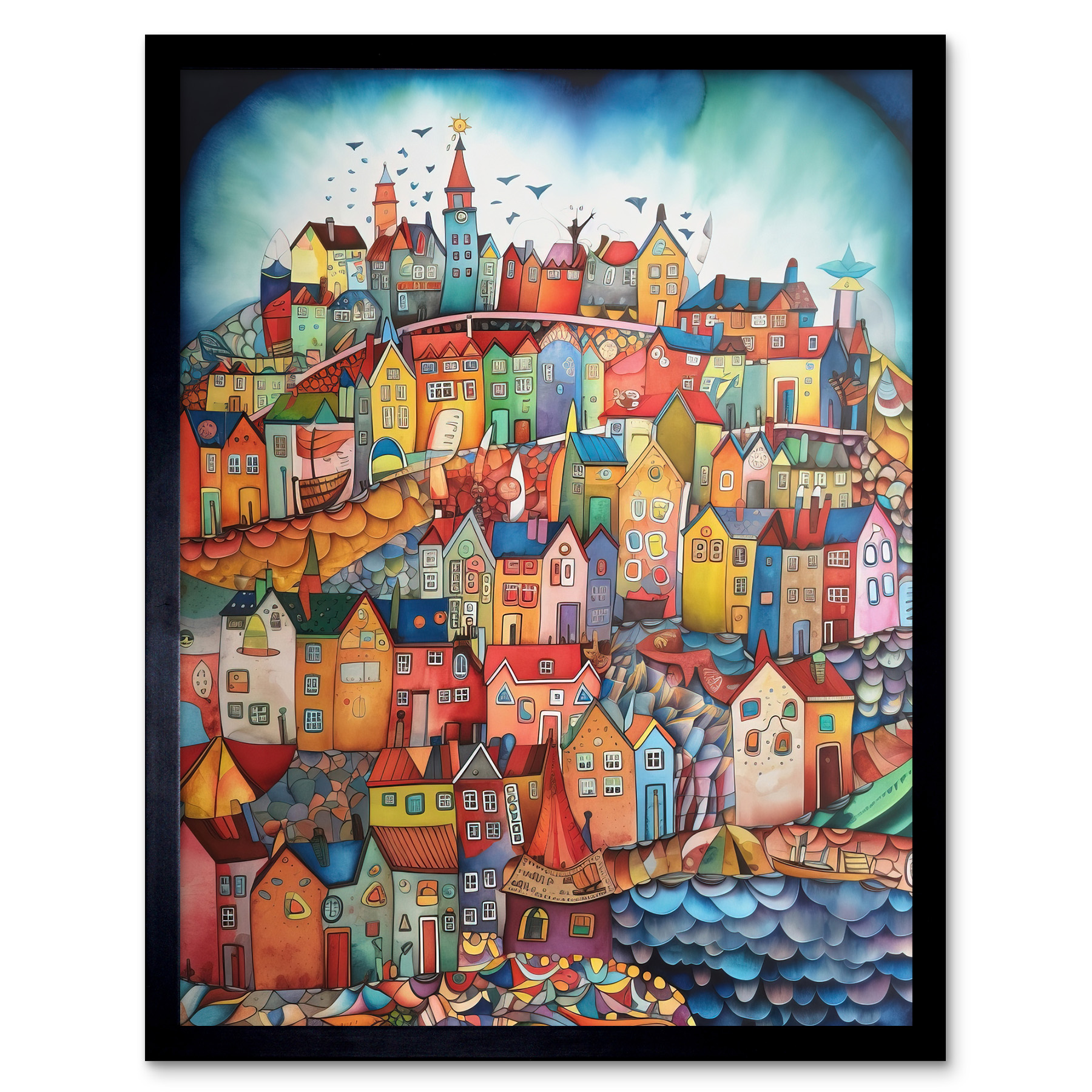 Abstract Fishing Village Modern Folk Art Framed Wall Art Picture Print 12x16
