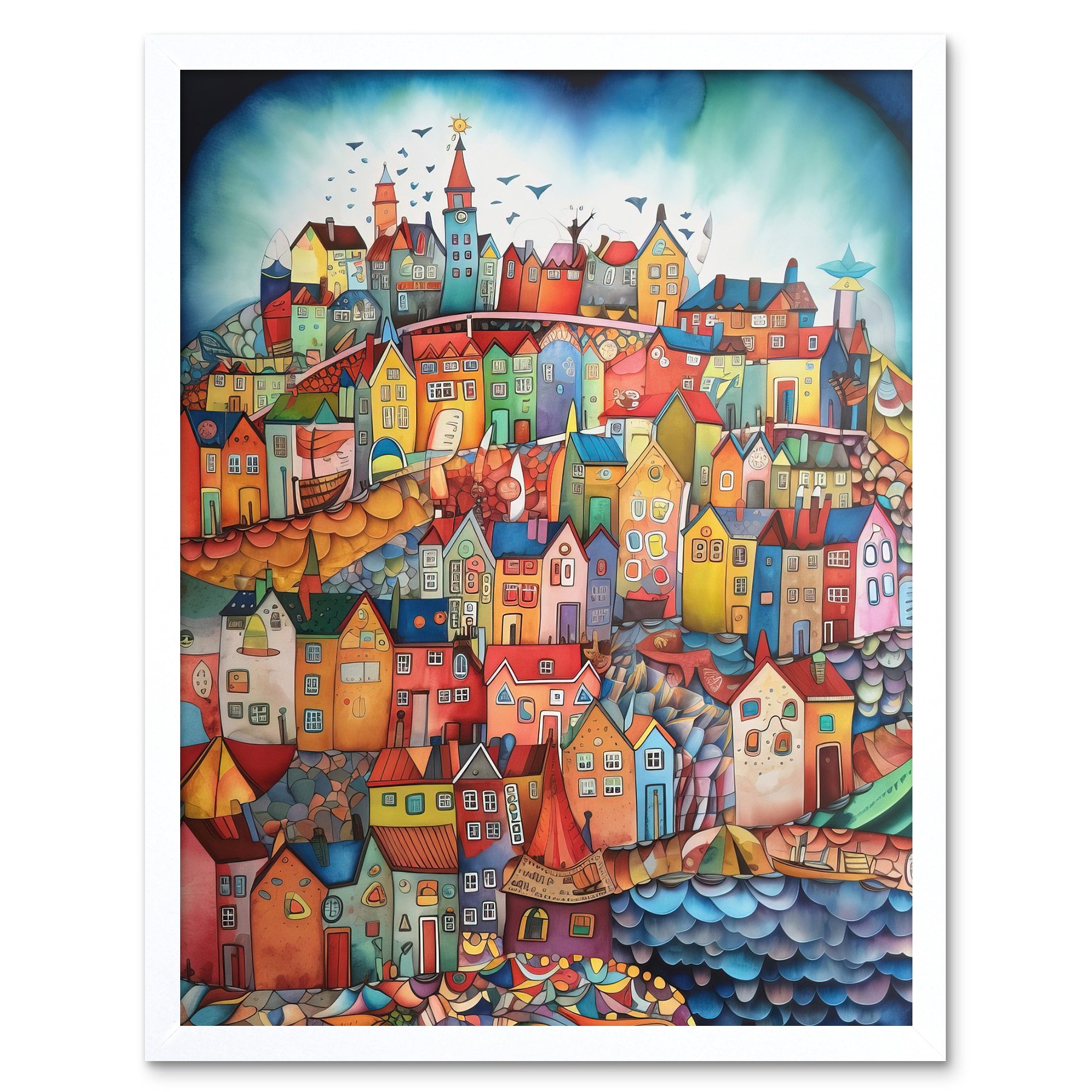 Abstract Fishing Village Modern Folk Art Framed Wall Art Picture Print 12x16
