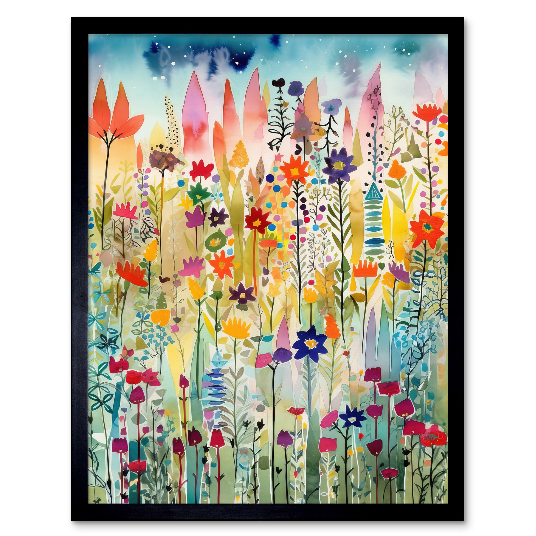 Layered Spring Flower Field Modern Folk Art Framed Wall Art Picture Print 12x16