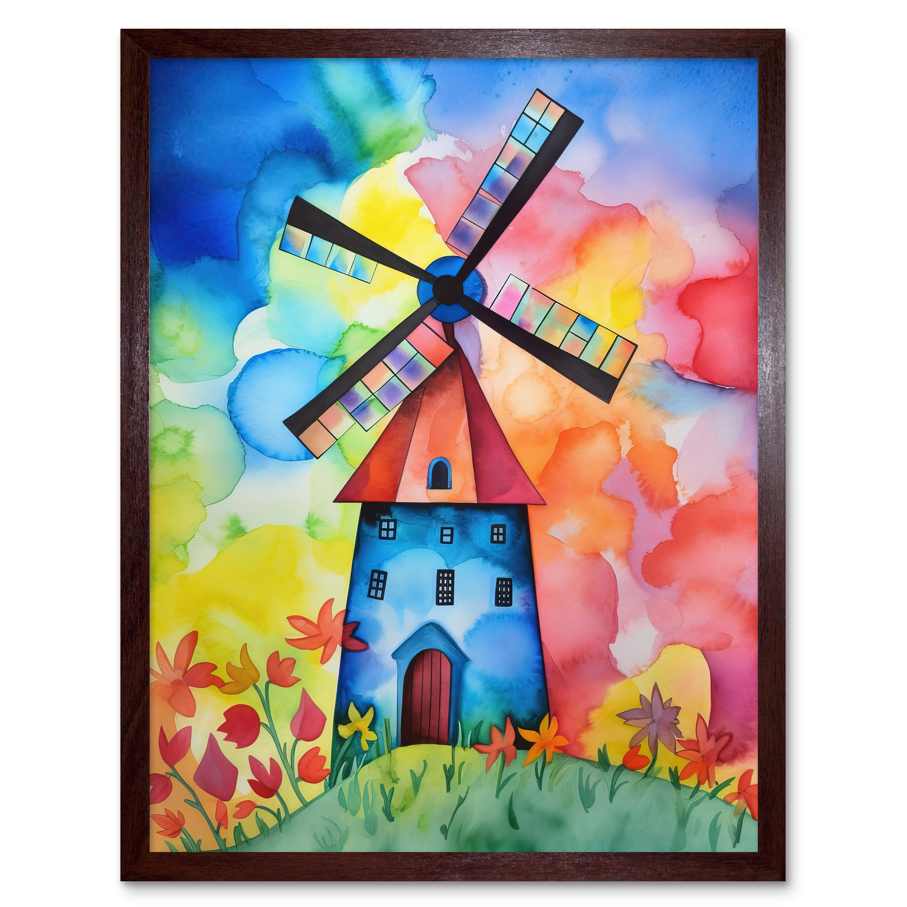 Watercolour Windmill Netherlands Modern Folk Art Framed Art Picture Print 12x16