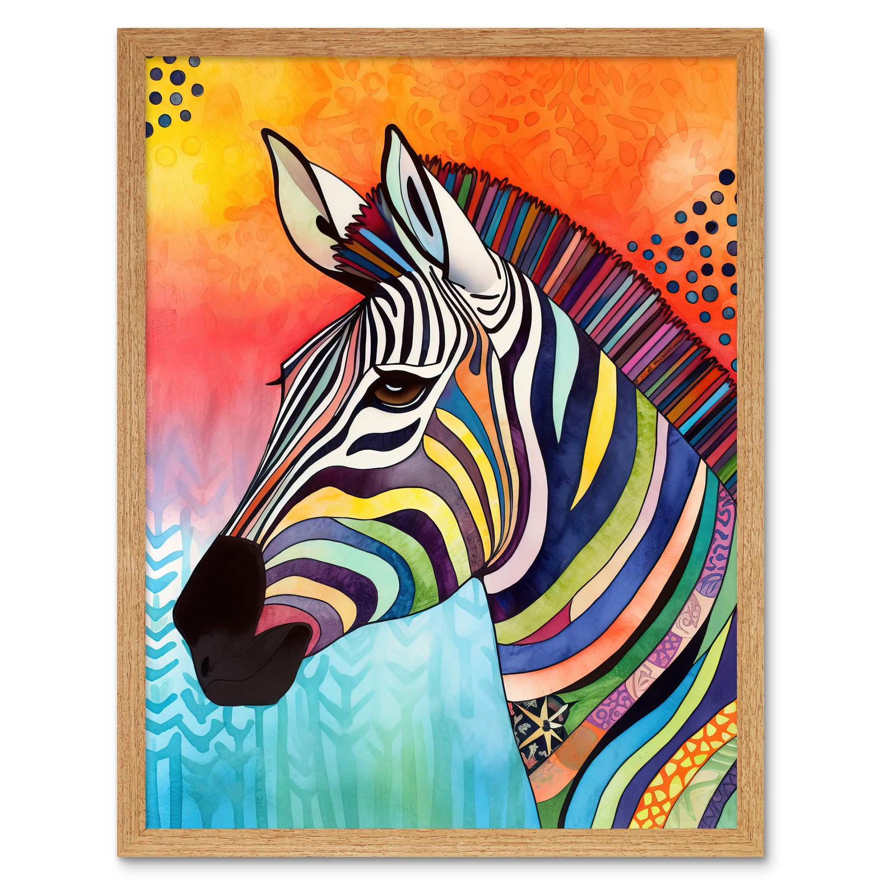 Zebra Modern Folk Art Bright Multicoloured Framed Wall Art Picture Print 12x16