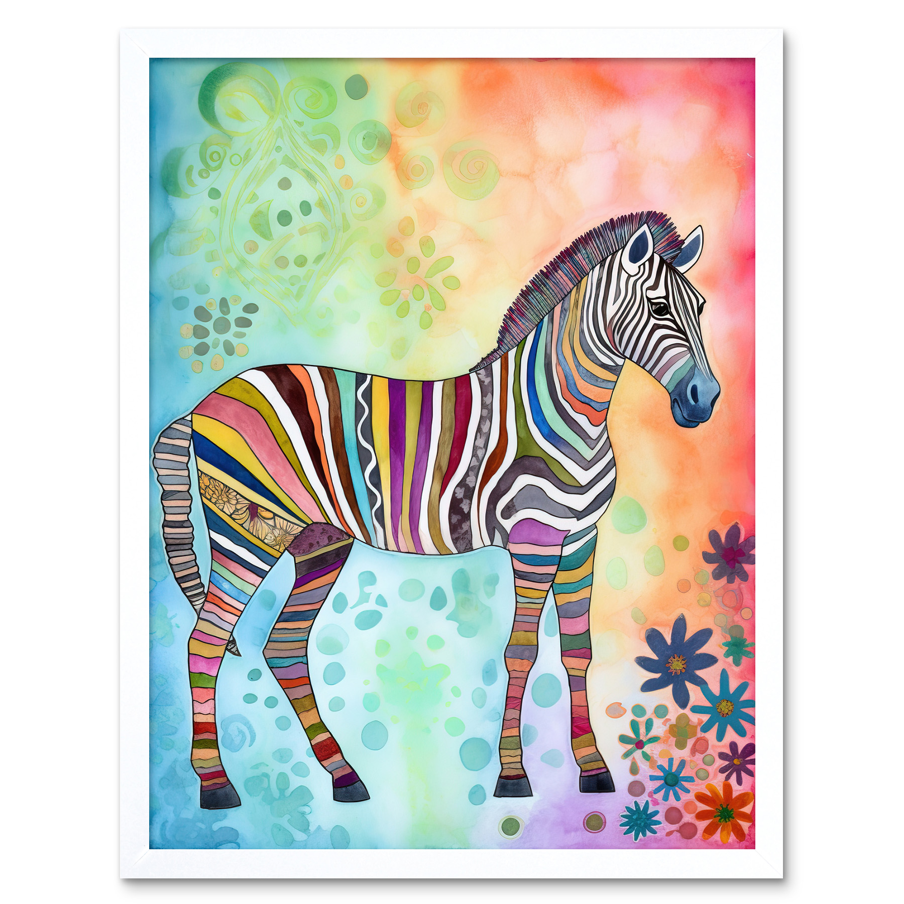 Rainbow Floral Zebra Modern Folk Art Framed Wall Art Picture Print 12x16
