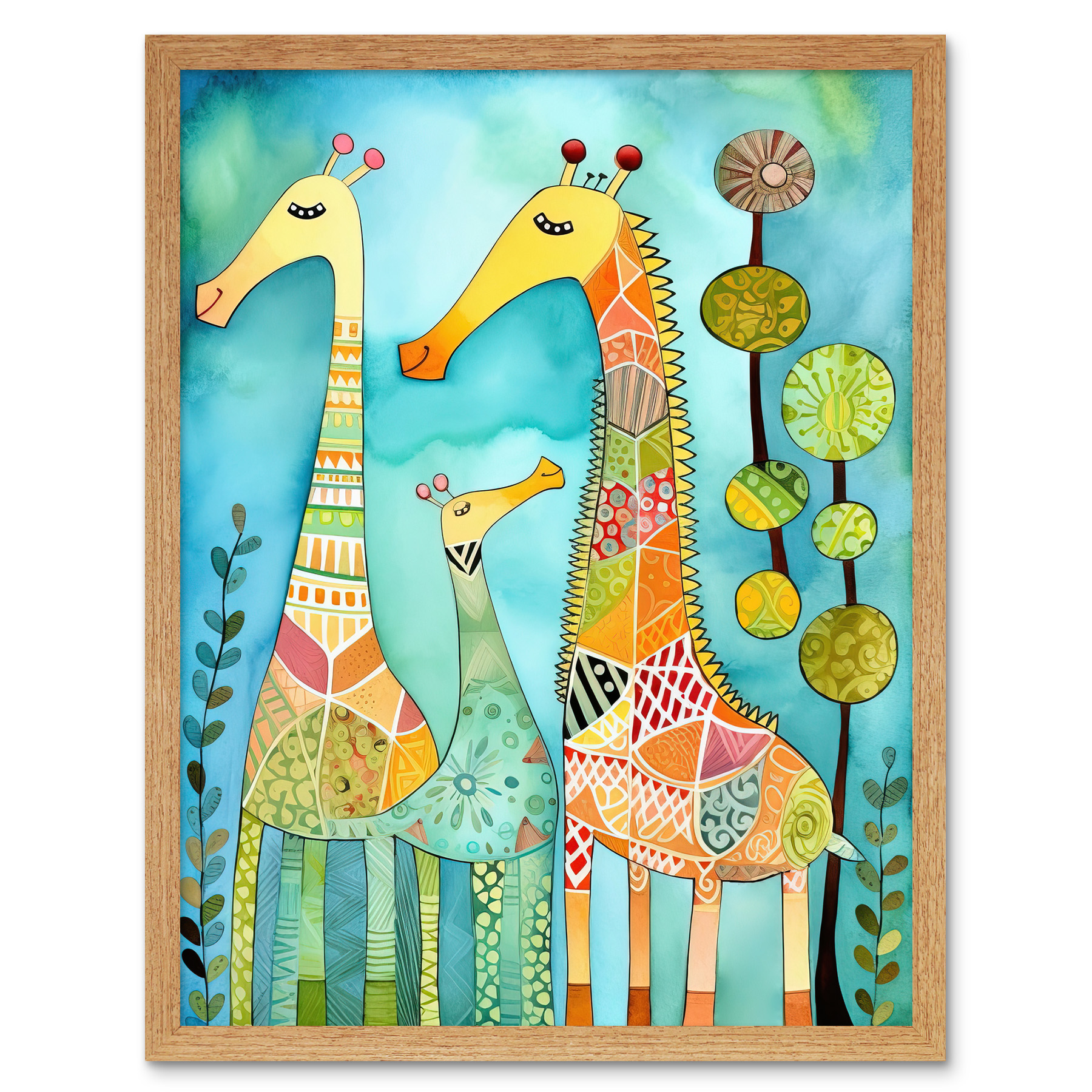Folk Art Giraffes Fun Cute Kids Bedroom Painting Framed Art Picture Print 12x16
