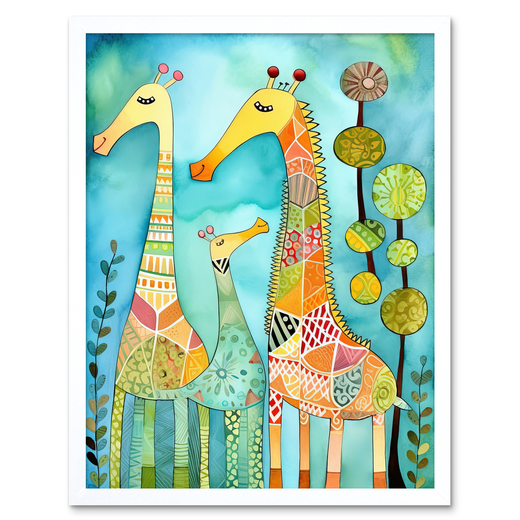 Folk Art Giraffes Fun Cute Kids Bedroom Painting Framed Art Picture Print 12x16