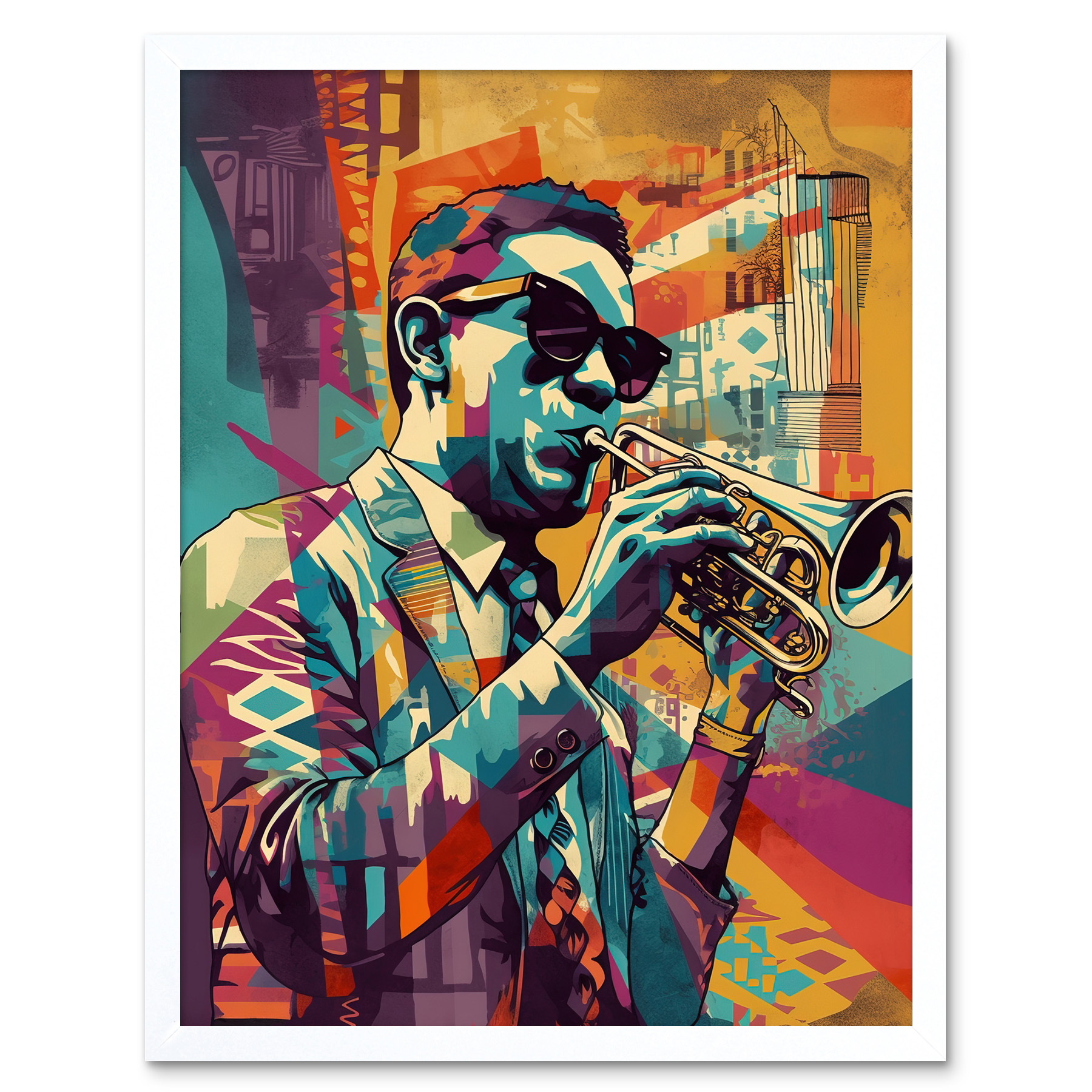 Trumpet Player Jazz Musician Sunglasses Linocut Framed Art Picture Print 12x16