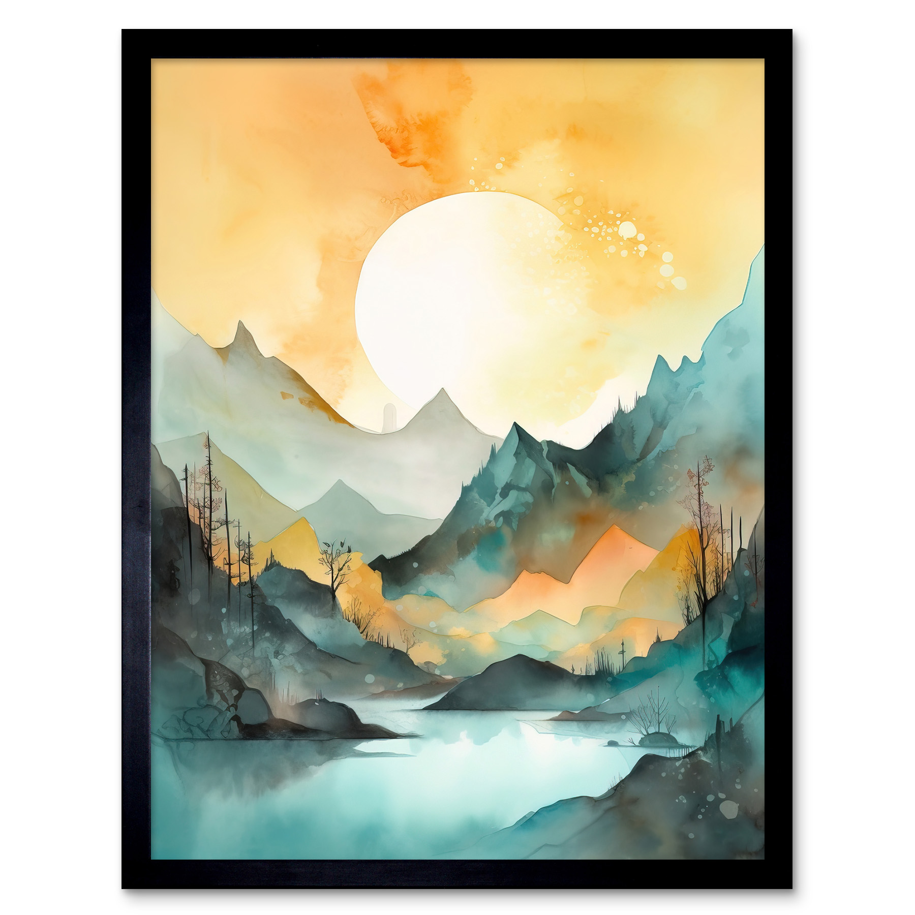 Sun Rising Over Mountain Lakeside Landscape Modern Framed Print Wall Art 12x16