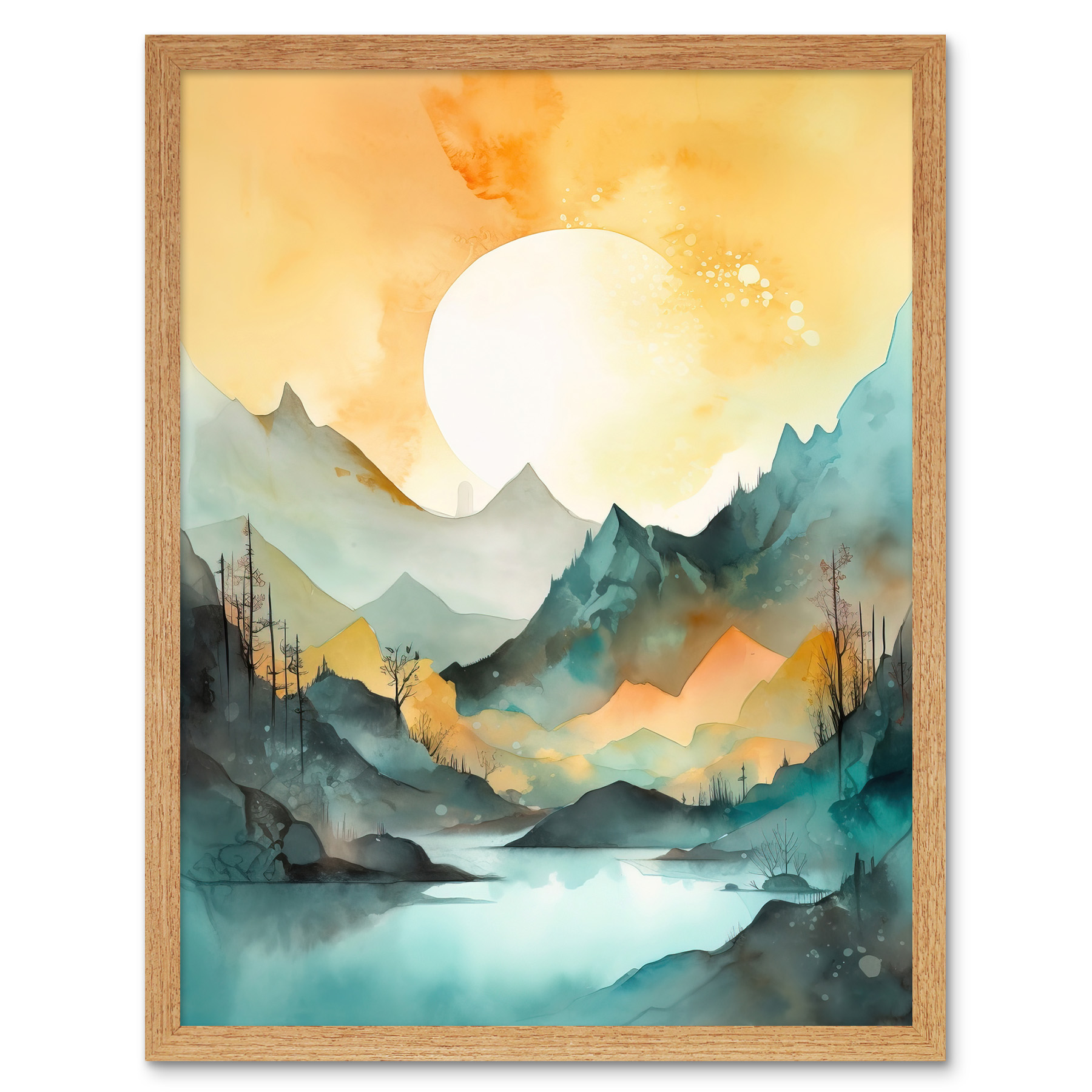 Sun Rising Over Mountain Lakeside Landscape Modern Framed Print Wall Art 12x16