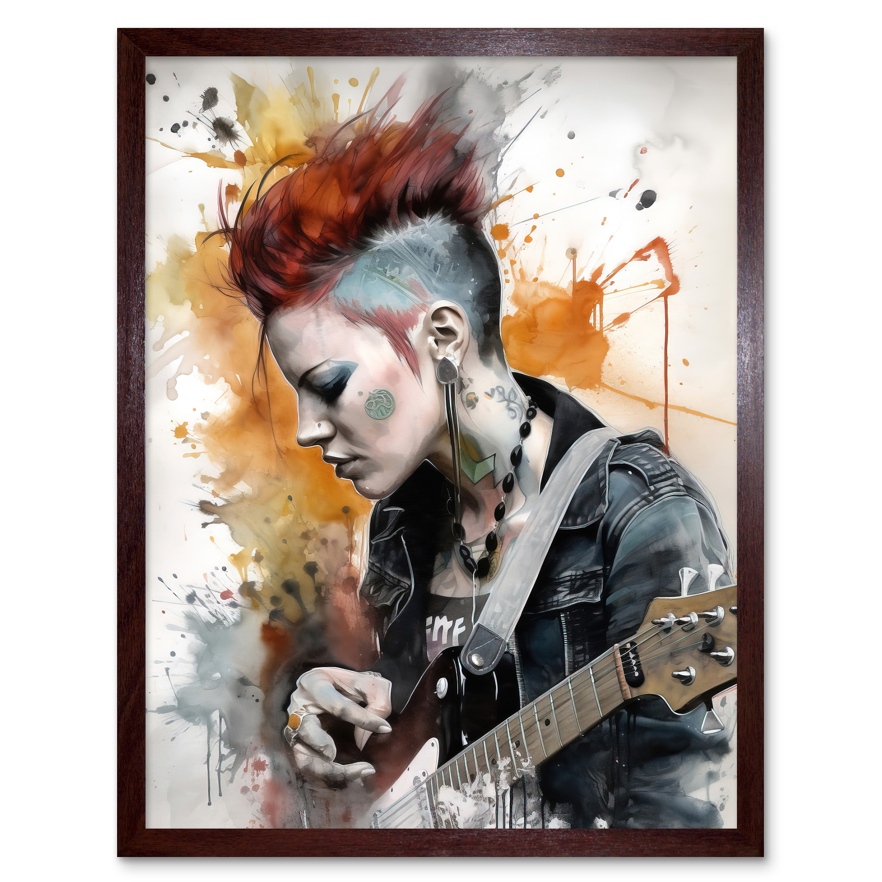 Edgy Young Punk Woman Mohawk and Electric Guitar Framed Art Picture Print 12x16