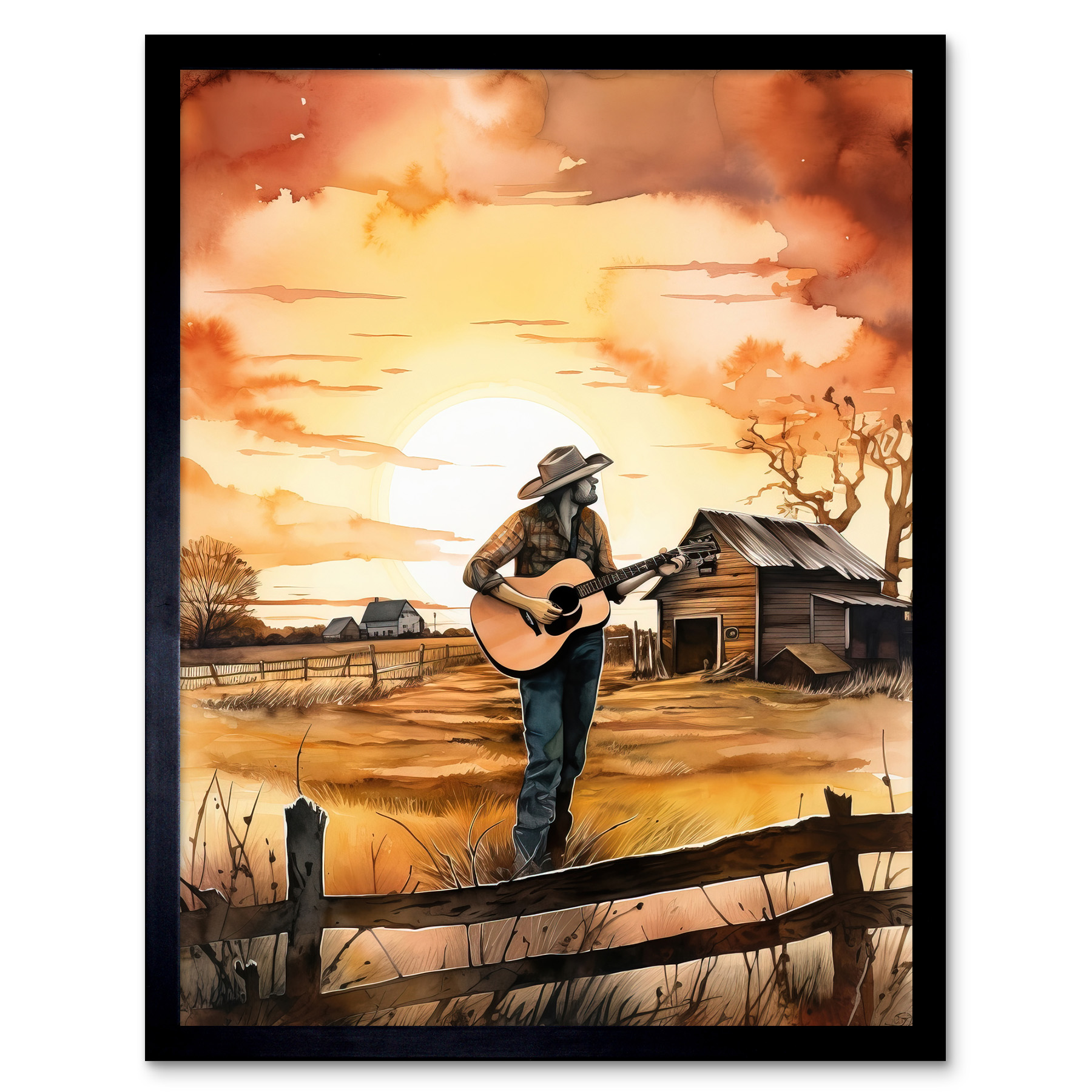 Man Playing Country Music Guitar Farm Sunset Framed Wall Art Picture Print 12x16