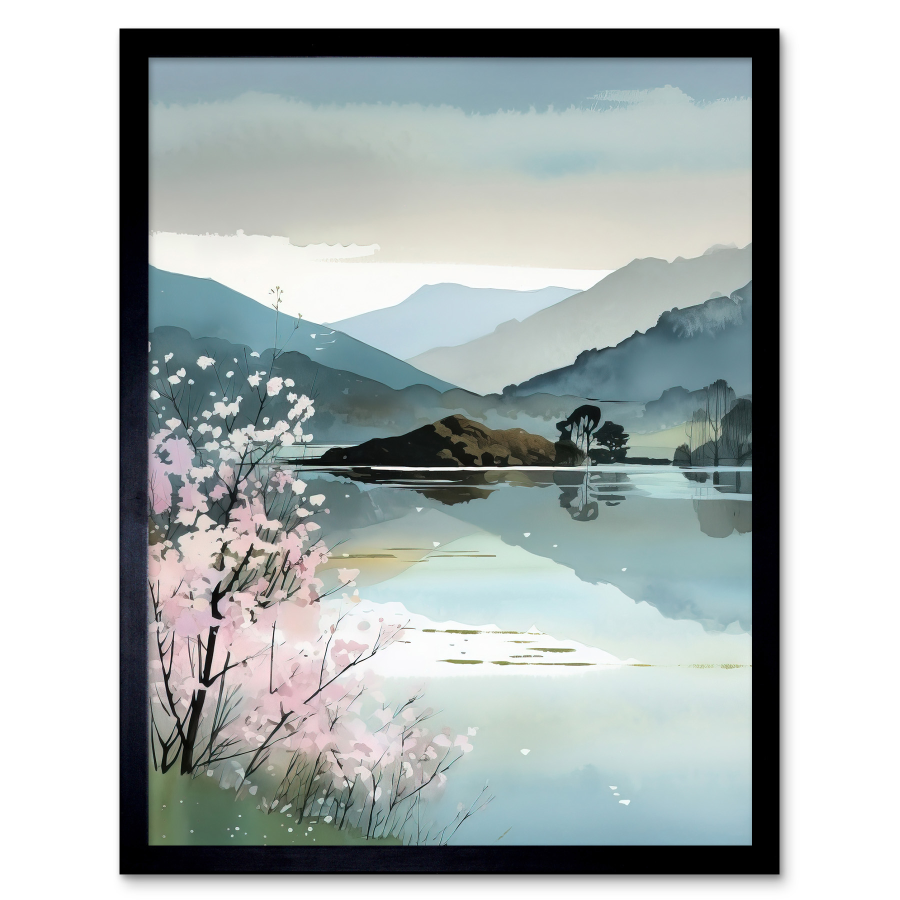 Lakeside Landscape with Cherry Blossom Tree Framed Wall Art Picture Print 12x16