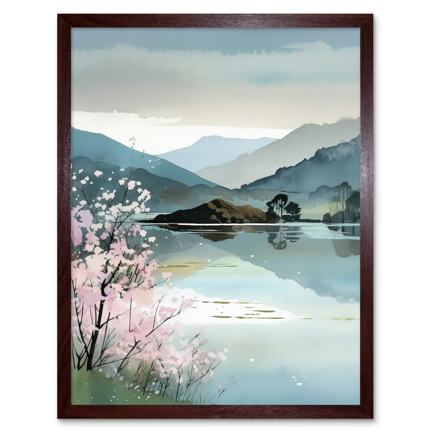 Lakeside Landscape with Cherry Blossom Tree Framed Wall Art Picture Print 12x16