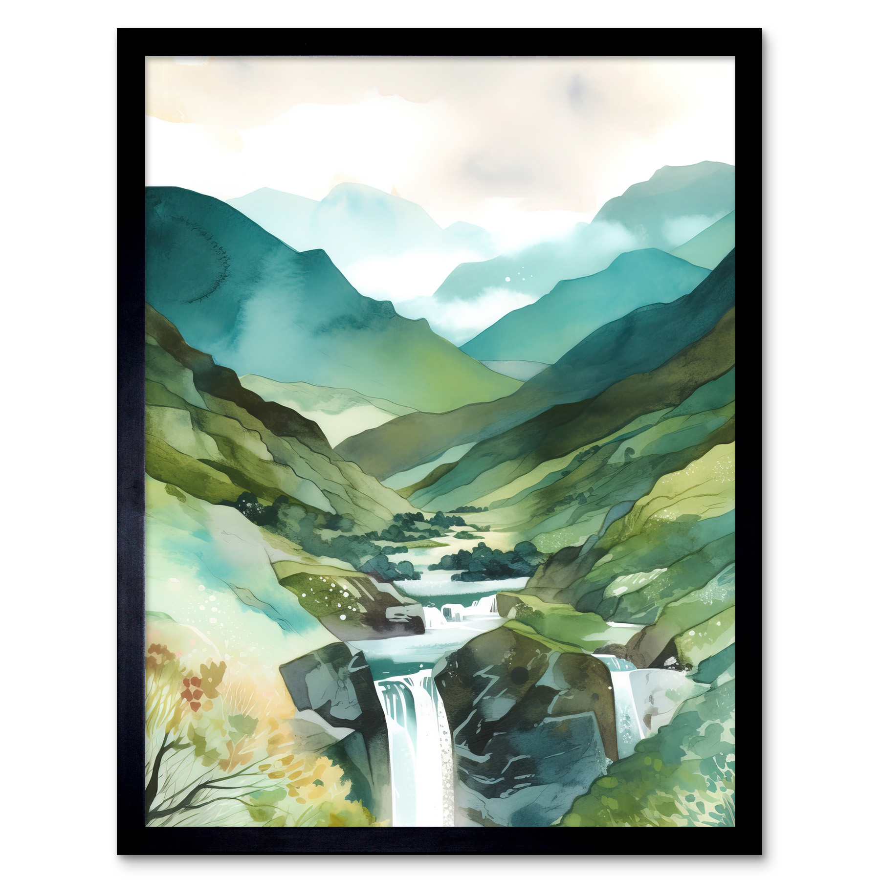 River Cascades Waterfall in Misty Landscape Framed Wall Art Picture Print 12x16