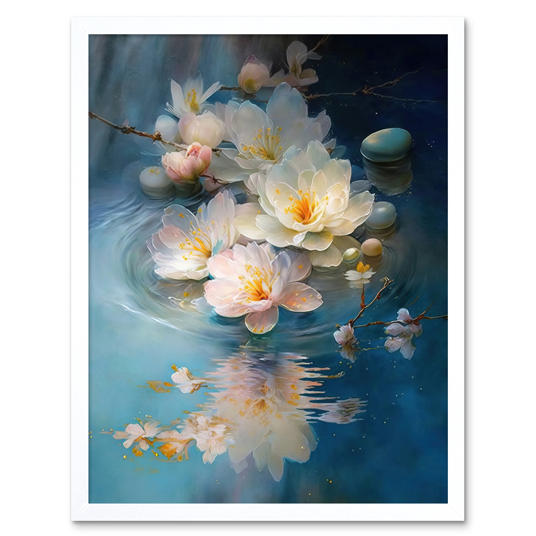 Fallen Cherry Blossom Flower Water Ripples Framed Wall Art Picture Print 12x16