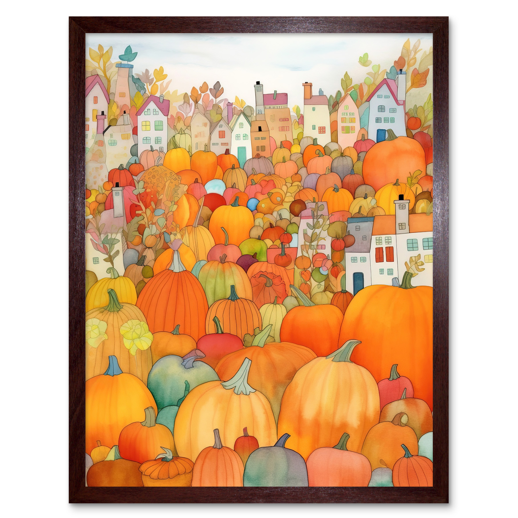 Halloween Pumpkin Festival Autumn Harvest Folk Art Framed Print Wall Art 12x16