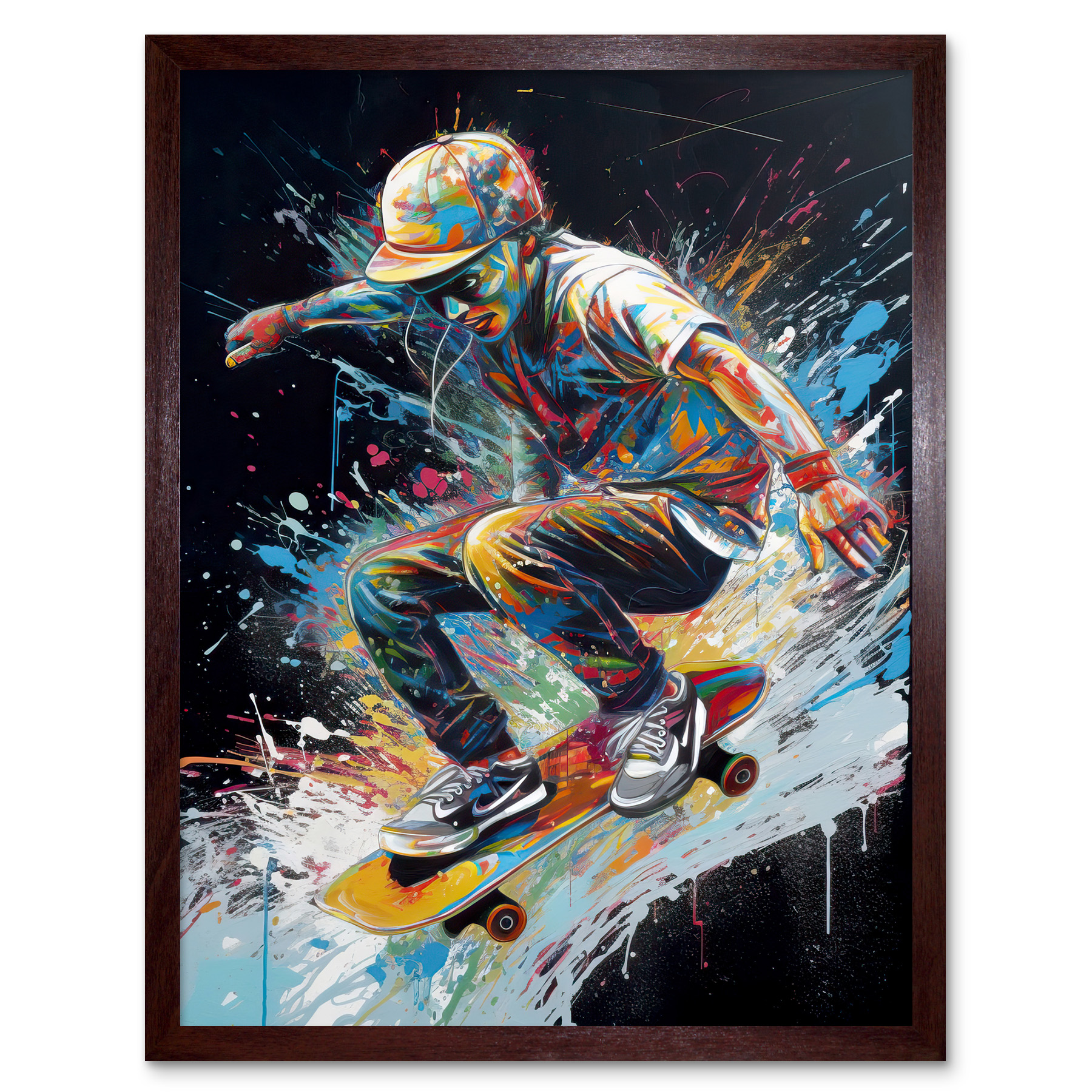 Skateboarder Skating Multicoloured Splat Paint Framed Art Picture Print 12x16