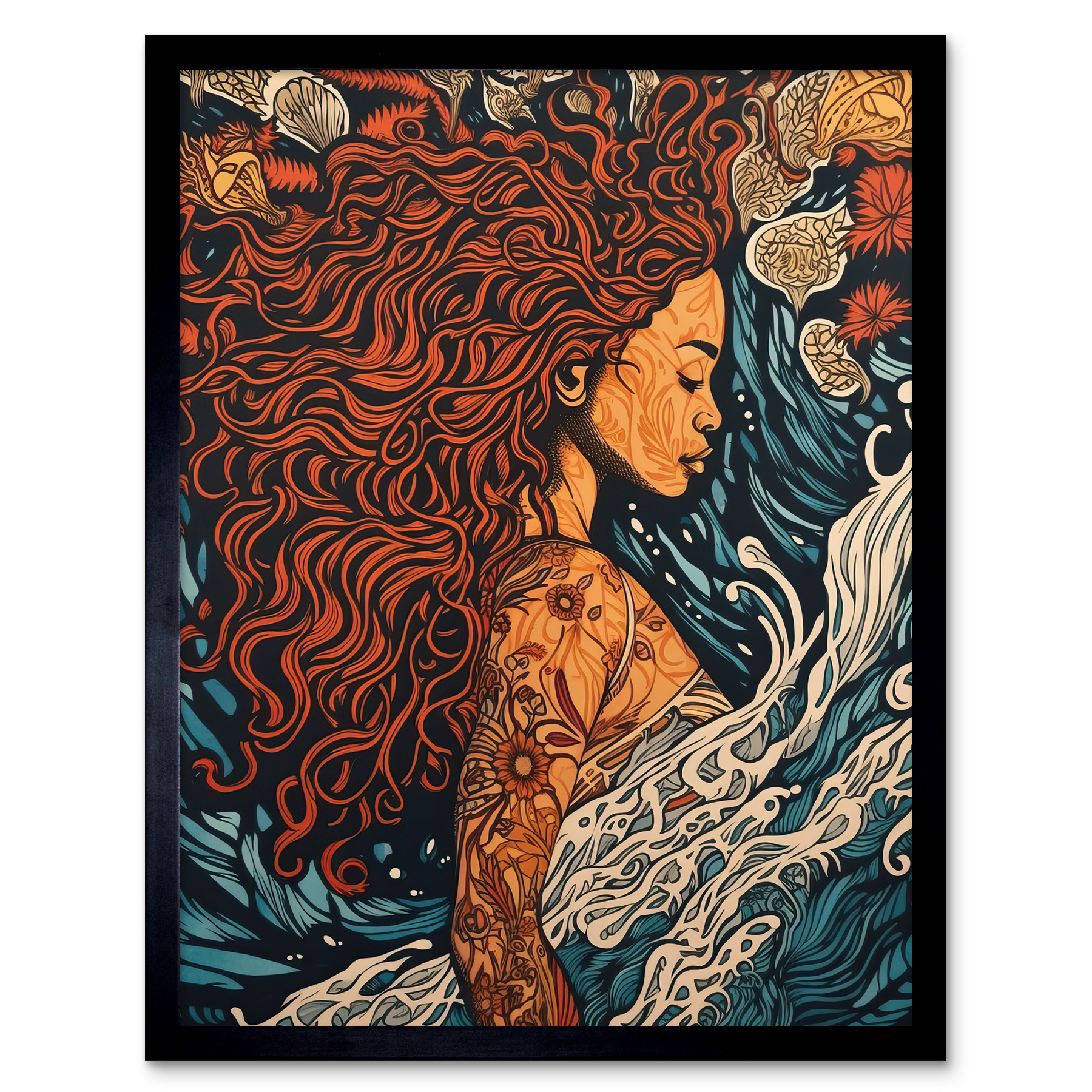 Sea Water Nymph Modern Art Nouveau Linocut Framed Wall Art Picture Print 12x16