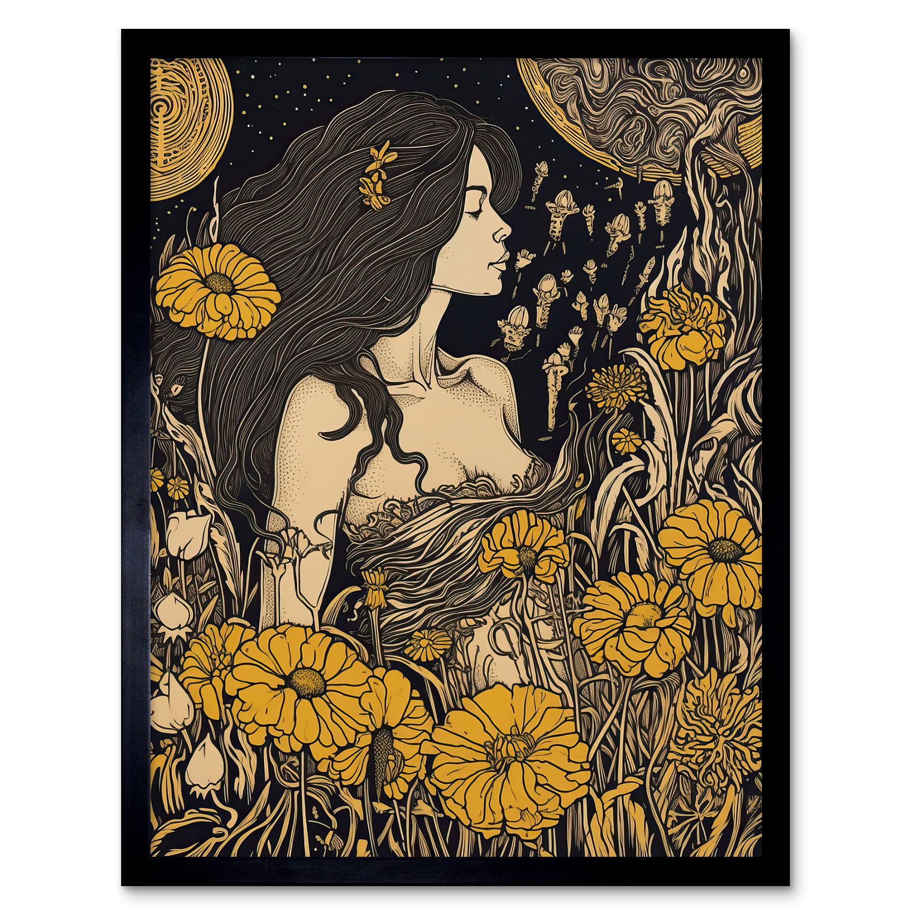 Woman in Flower Field Midsummer Night Illustration Framed Wall Art Picture 12x16